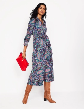 Laura Jersey Midi Shirt Dress-Navy, Paisley Paradise Boho Mood Work-Ready Look