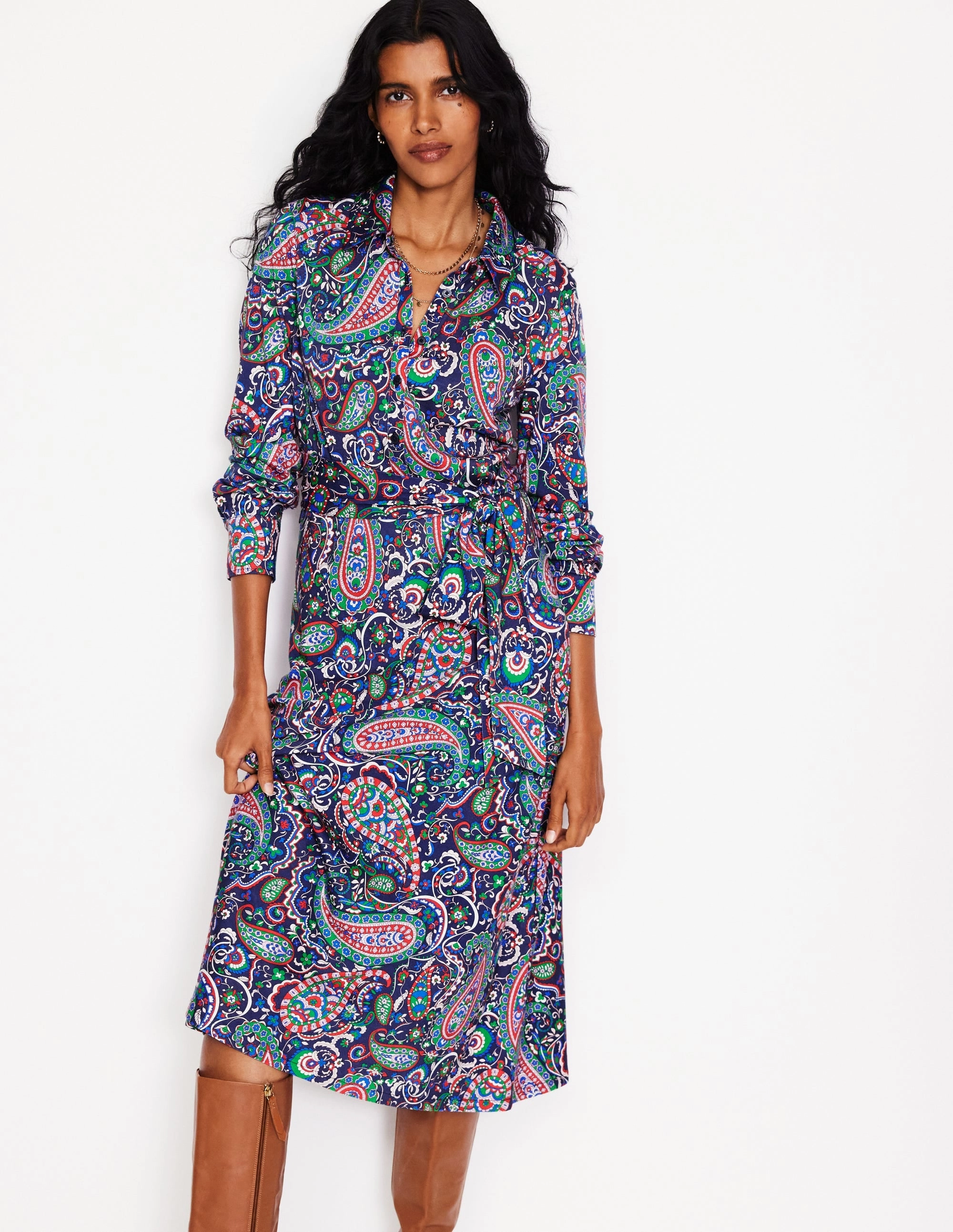 Grace Vibe Laura Jersey Midi Shirt Dress-Navy, Paisley Paradise