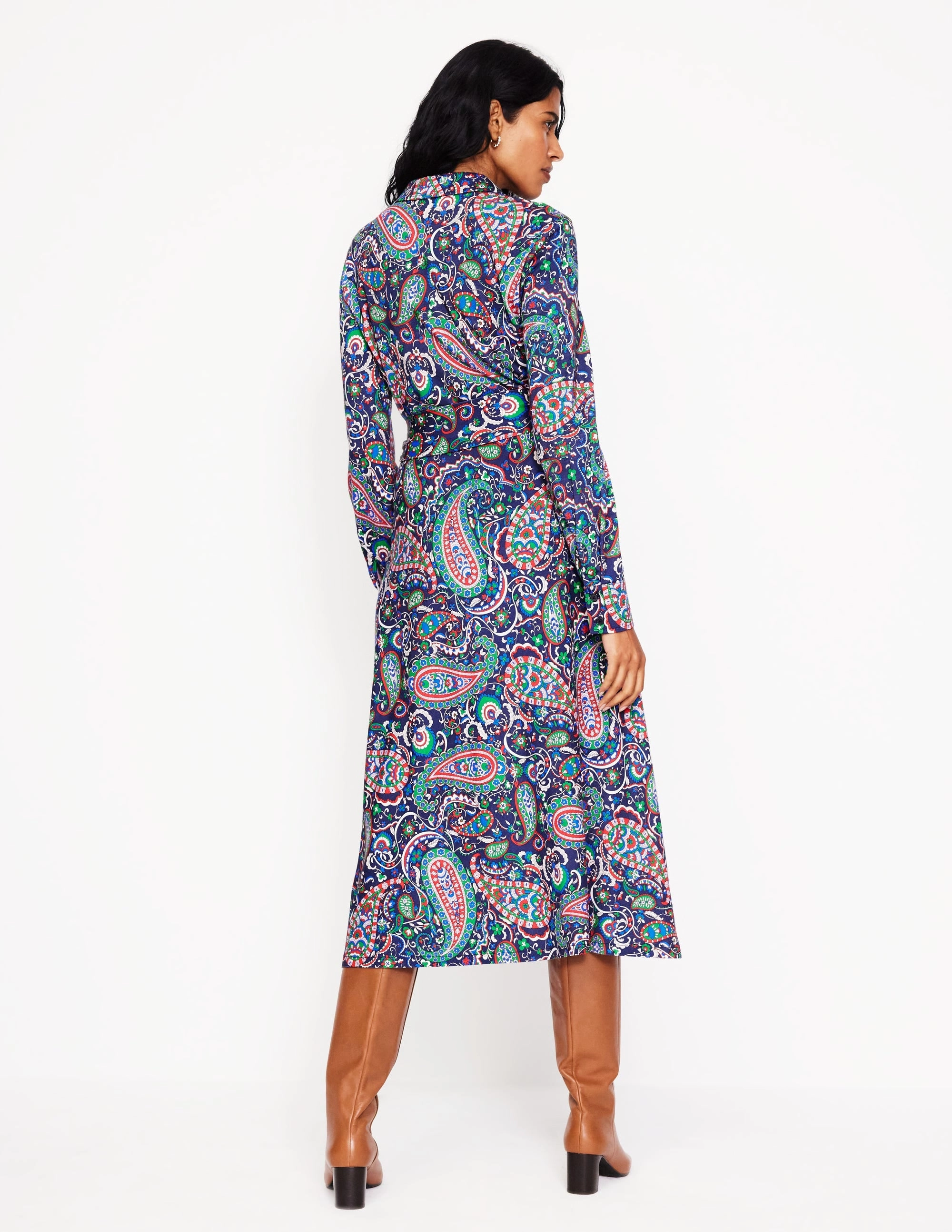 Matte Fabric OdorControlTreatment Laura Jersey Midi Shirt Dress-Navy, Paisley Paradise