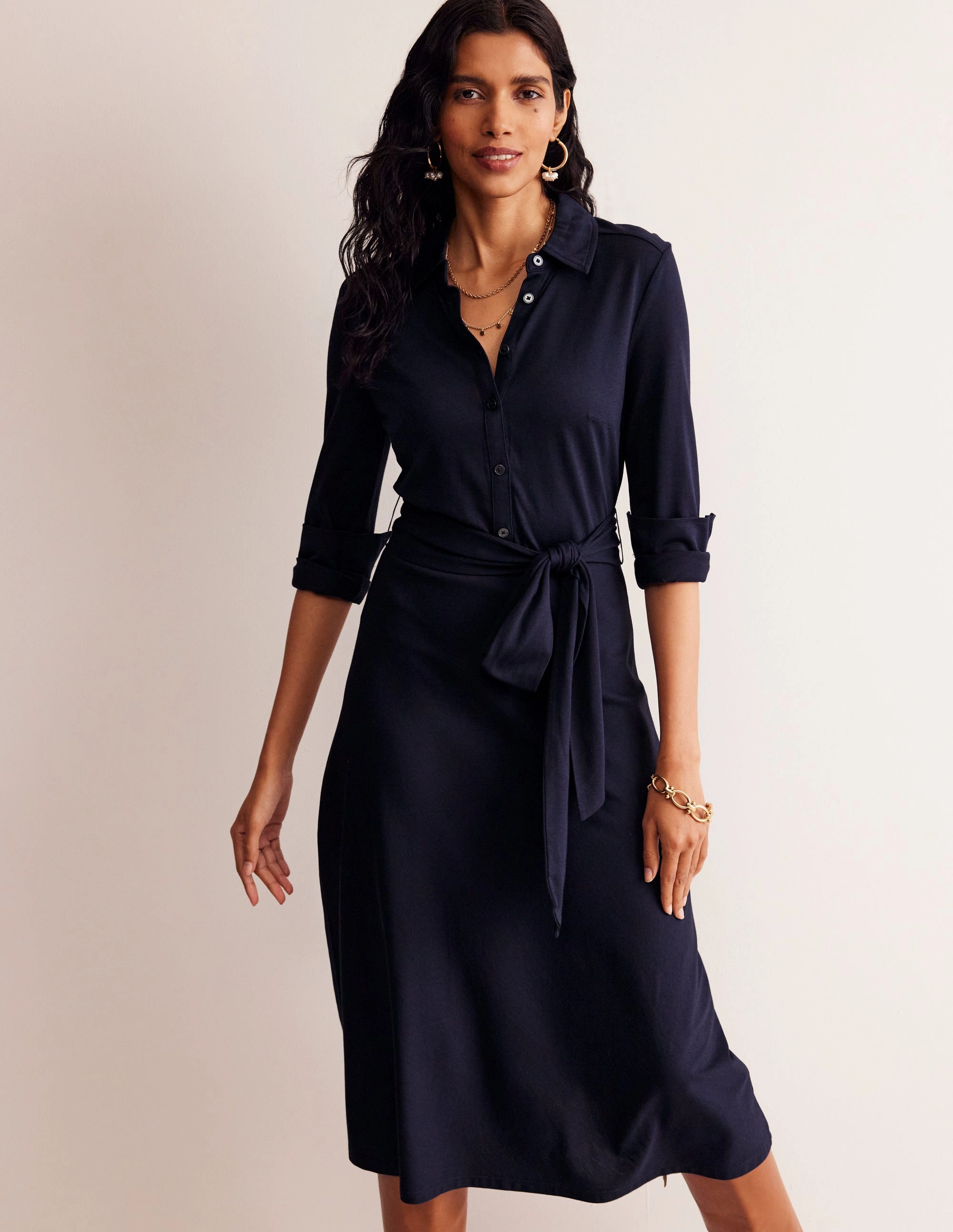 Elegant Silhouette Relaxed work dress Laura Jersey Midi Shirt Dress-Navy