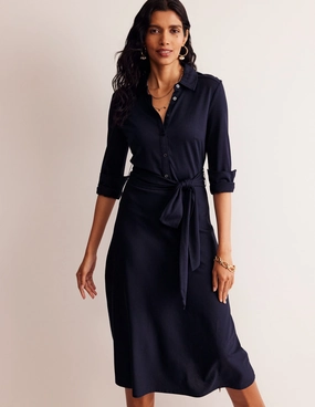 Elegant Silhouette Relaxed work dress Laura Jersey Midi Shirt Dress-Navy