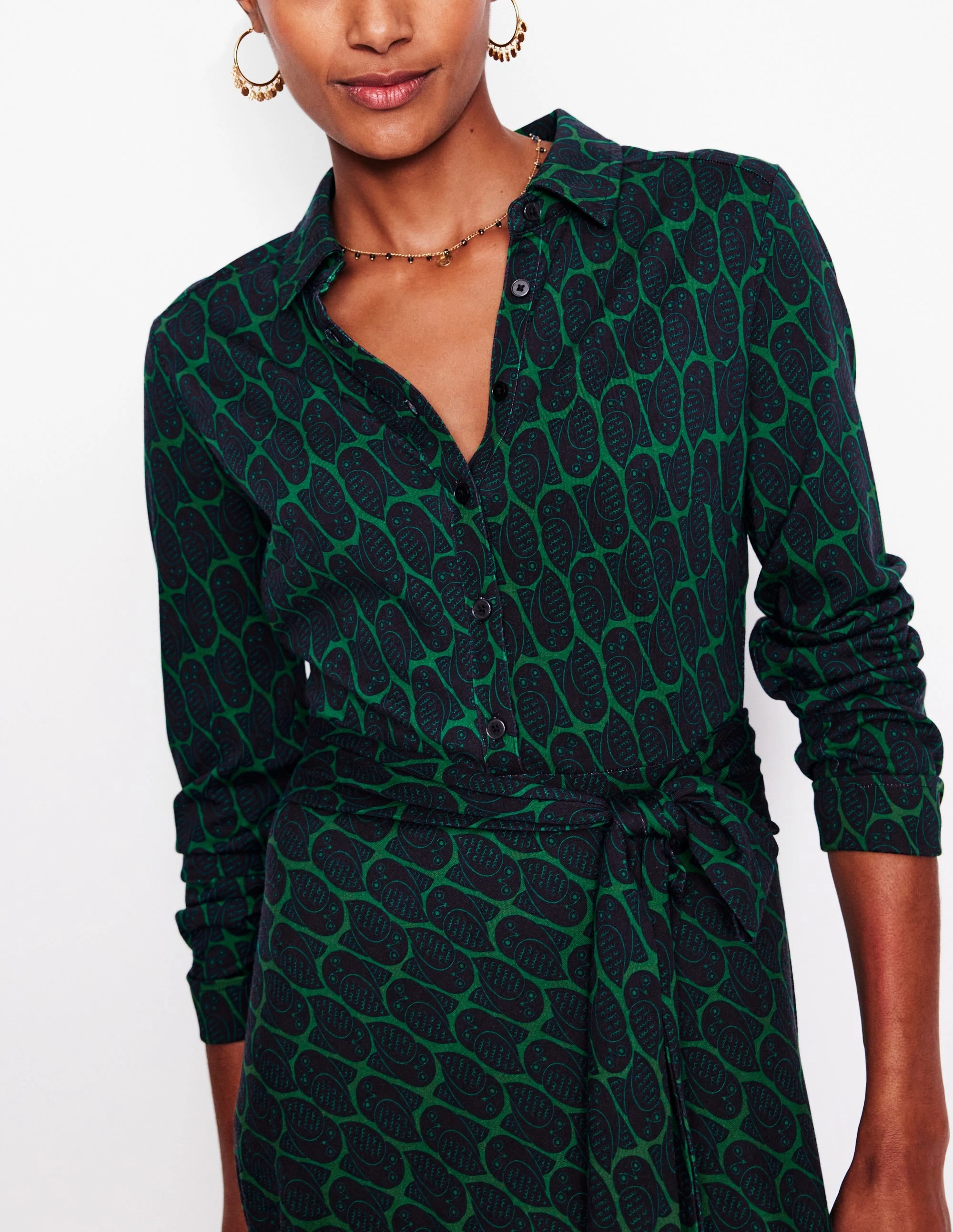 Laura Jersey Midi Shirt Dress-Rich Emerald, Owl Stamp Relaxed Comfort Look