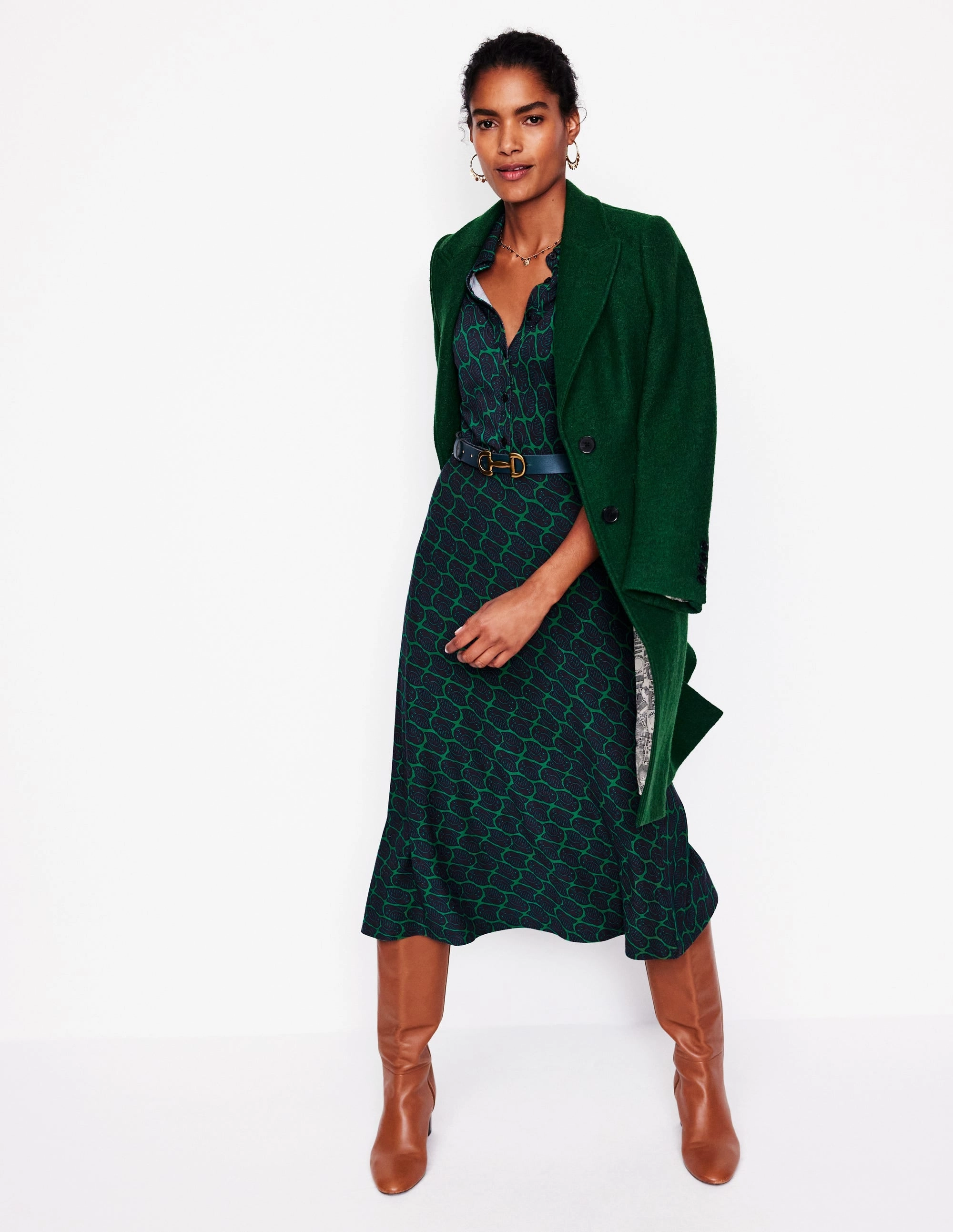 Bold Patterns Sophisticated cocktail dress Laura Jersey Midi Shirt Dress-Rich Emerald, Owl Stamp