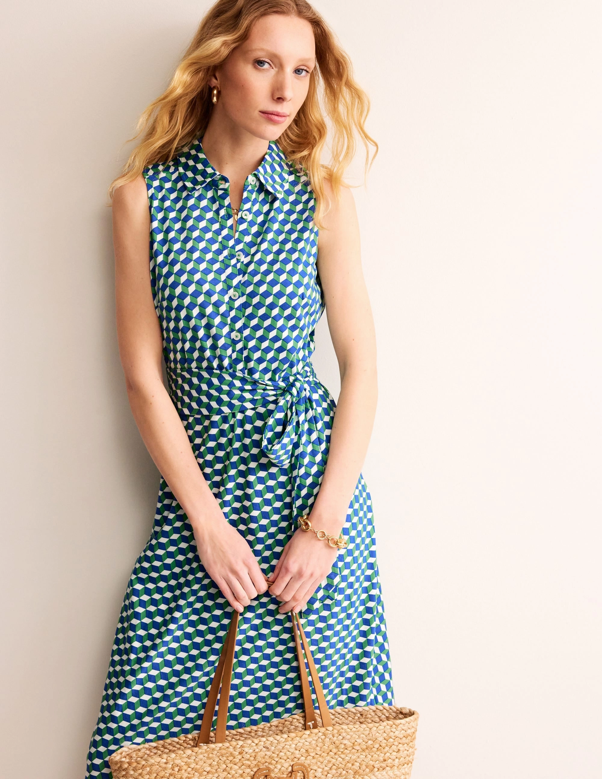 Elegant Waistband Fit Laura Sleeveless Shirt Dress-Kelly Green, Diamond Cube