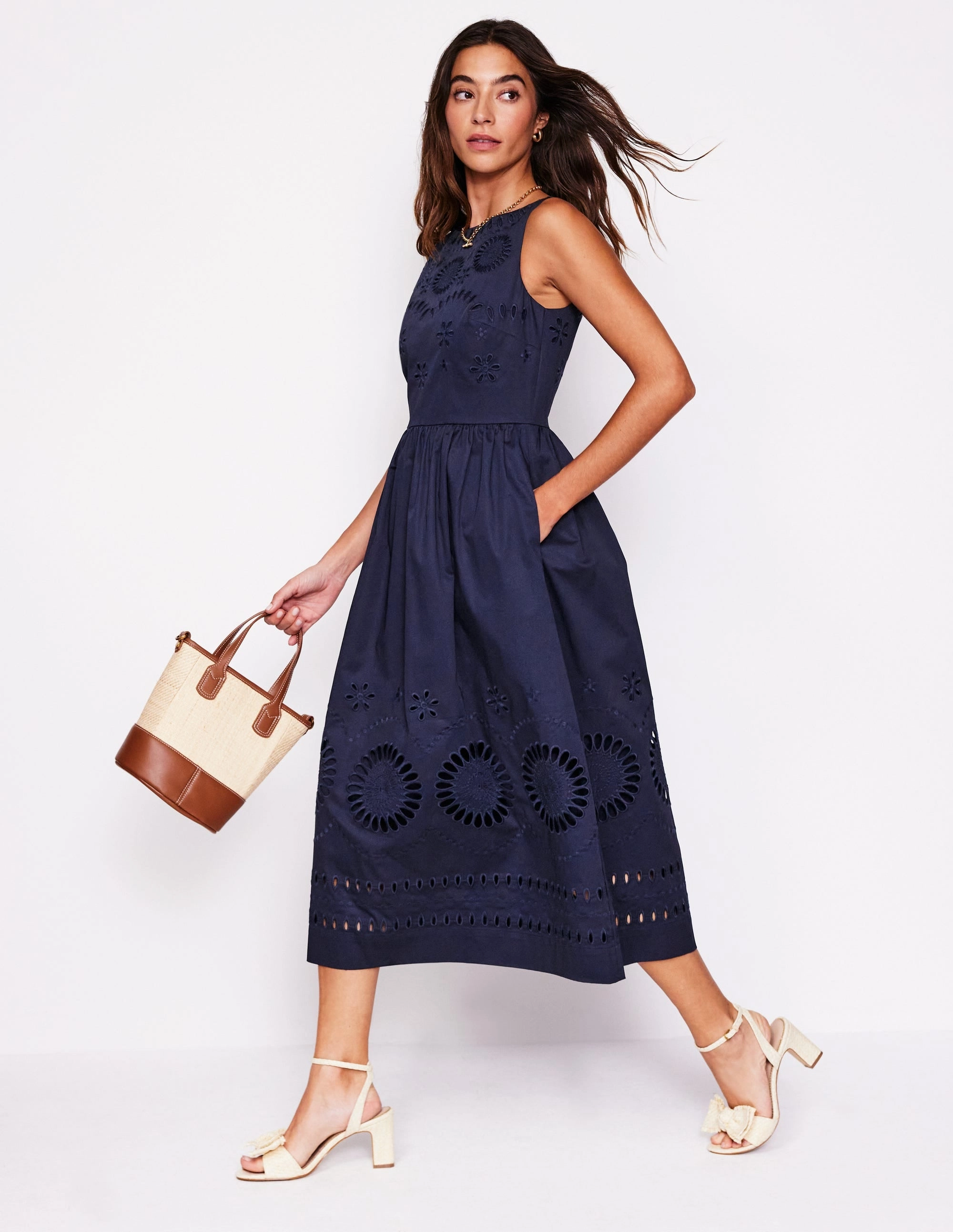 Soft Shine Brunch Fit Lauren Broderie Midi Dress-Navy