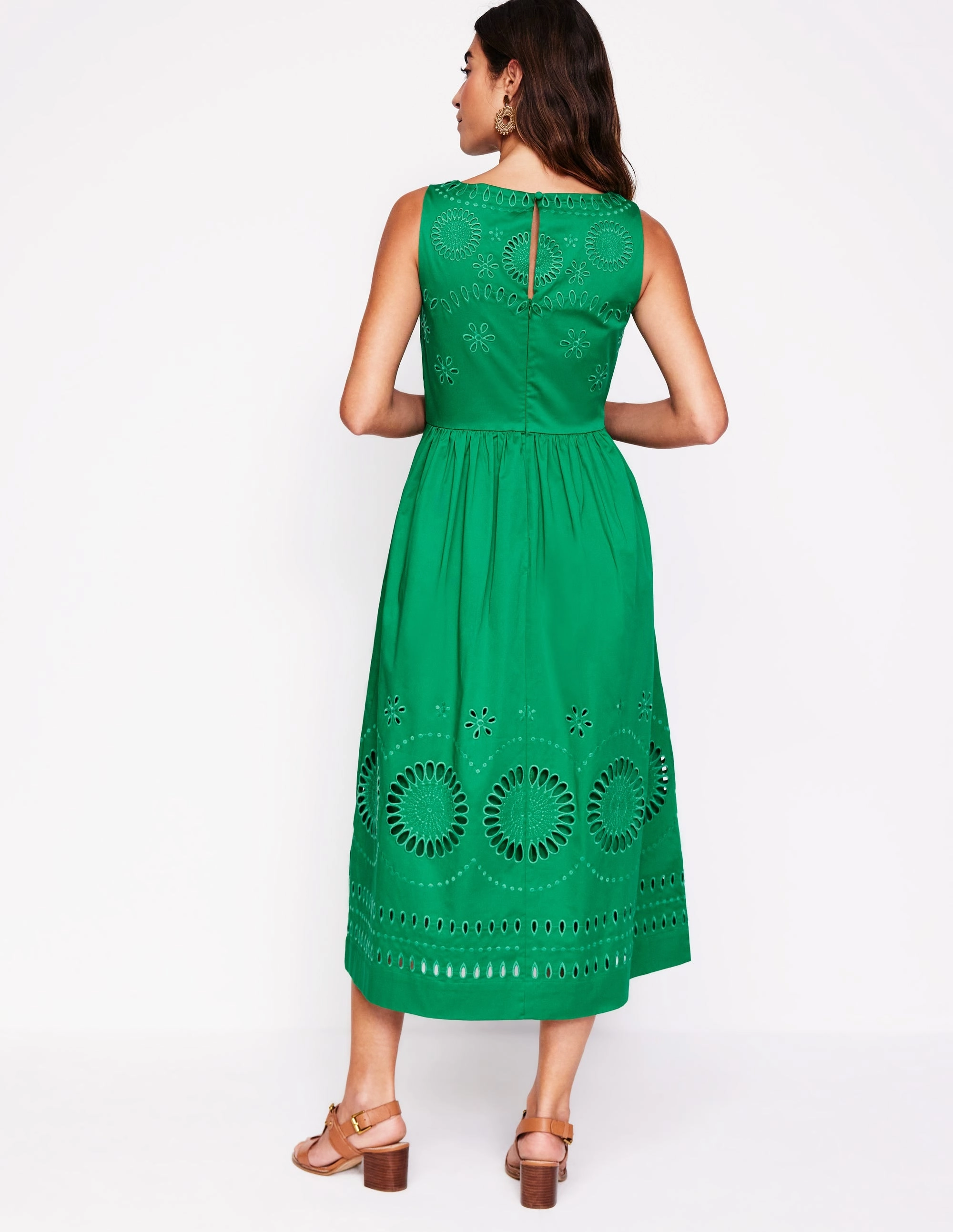 Lauren Broderie Midi Dress-Rich Emerald, Broderie Sleeveless