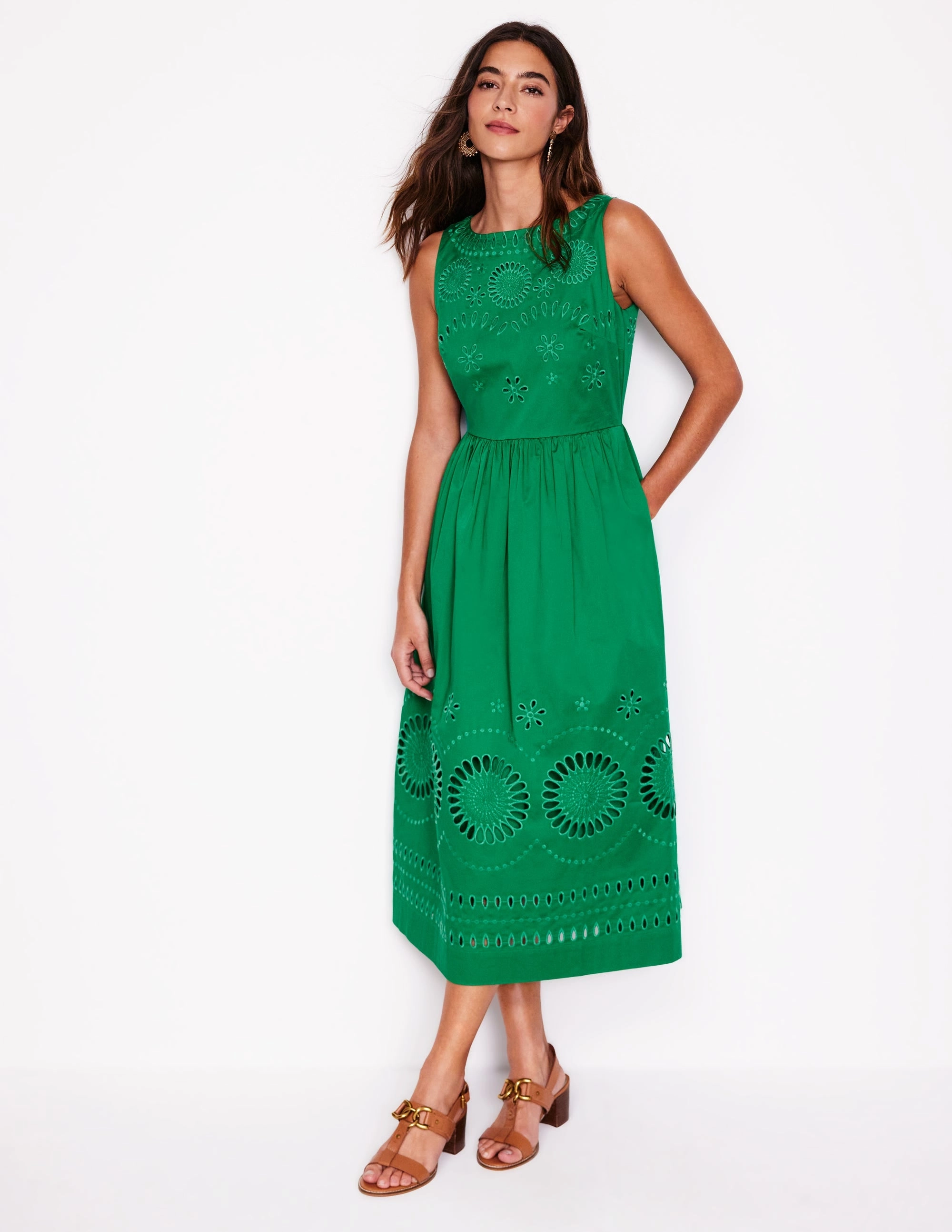 Villa Light Lauren Broderie Midi Dress-Rich Emerald, Broderie