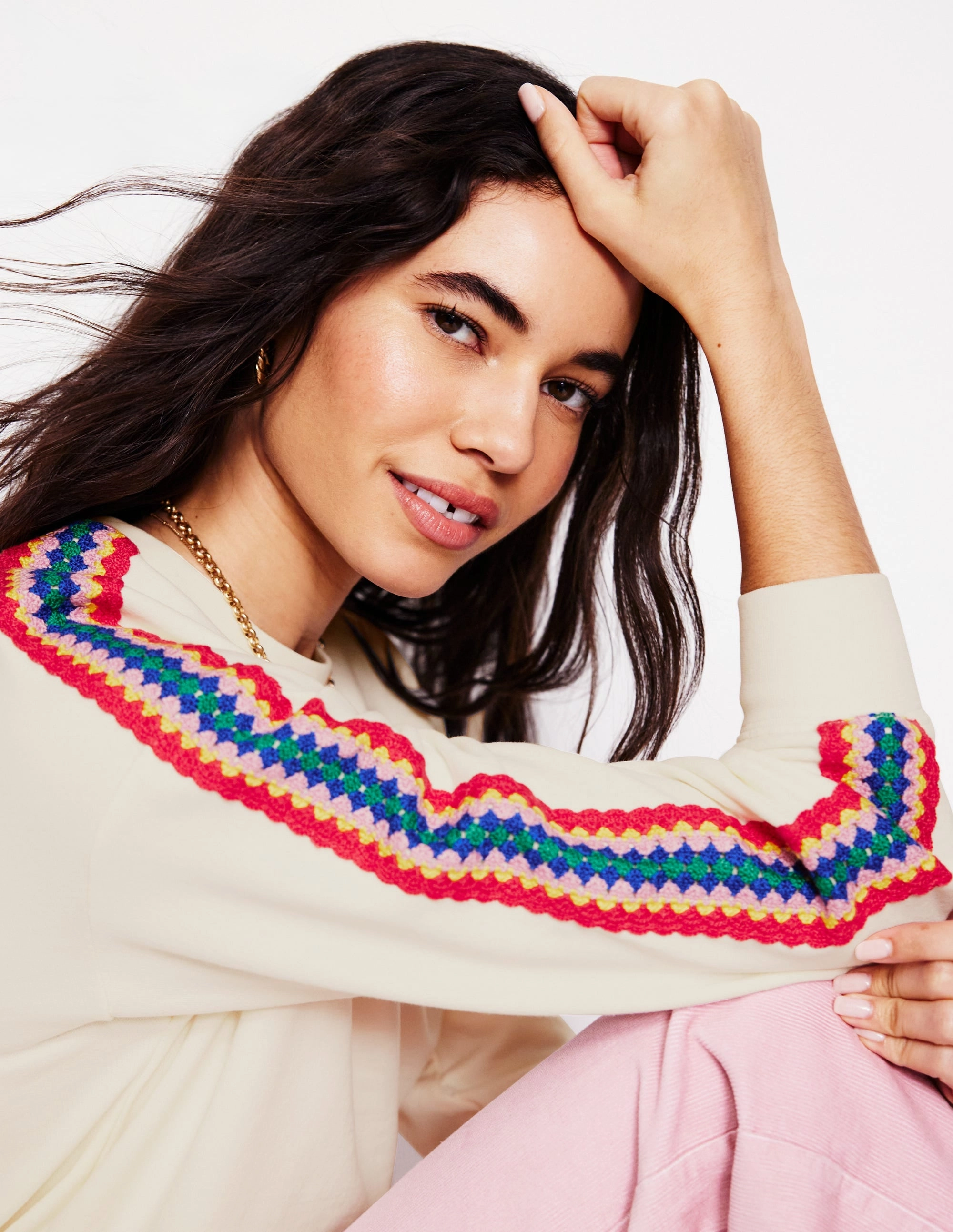 Eco Friendly Production Fashionable Layer Emi Crochet Sweatshirt-Ivory