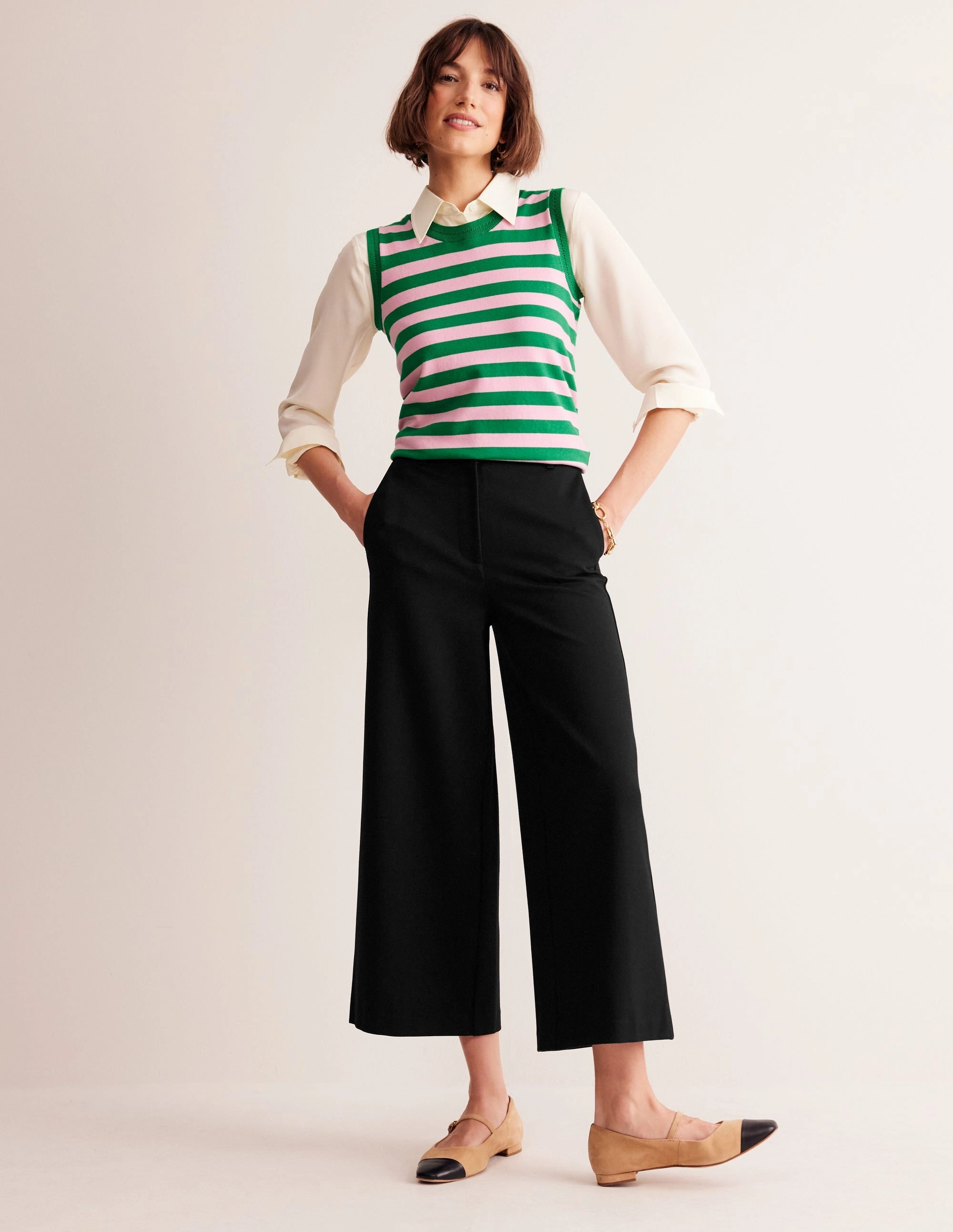 Mid Rise Cozy Fit Ponte Wide Leg Culottes-Black