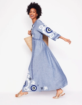 Una Linen Embroidered Dress-Chambray Chilly Comfort