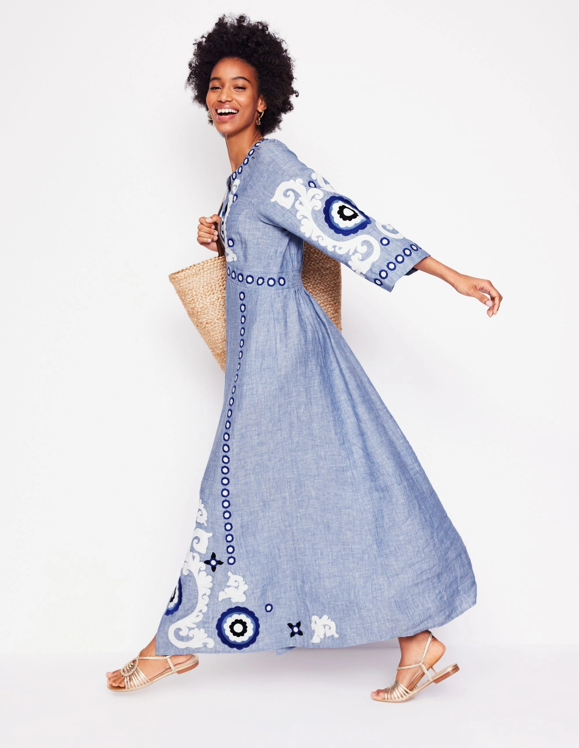 Una Linen Embroidered Dress-Chambray Chilly Comfort