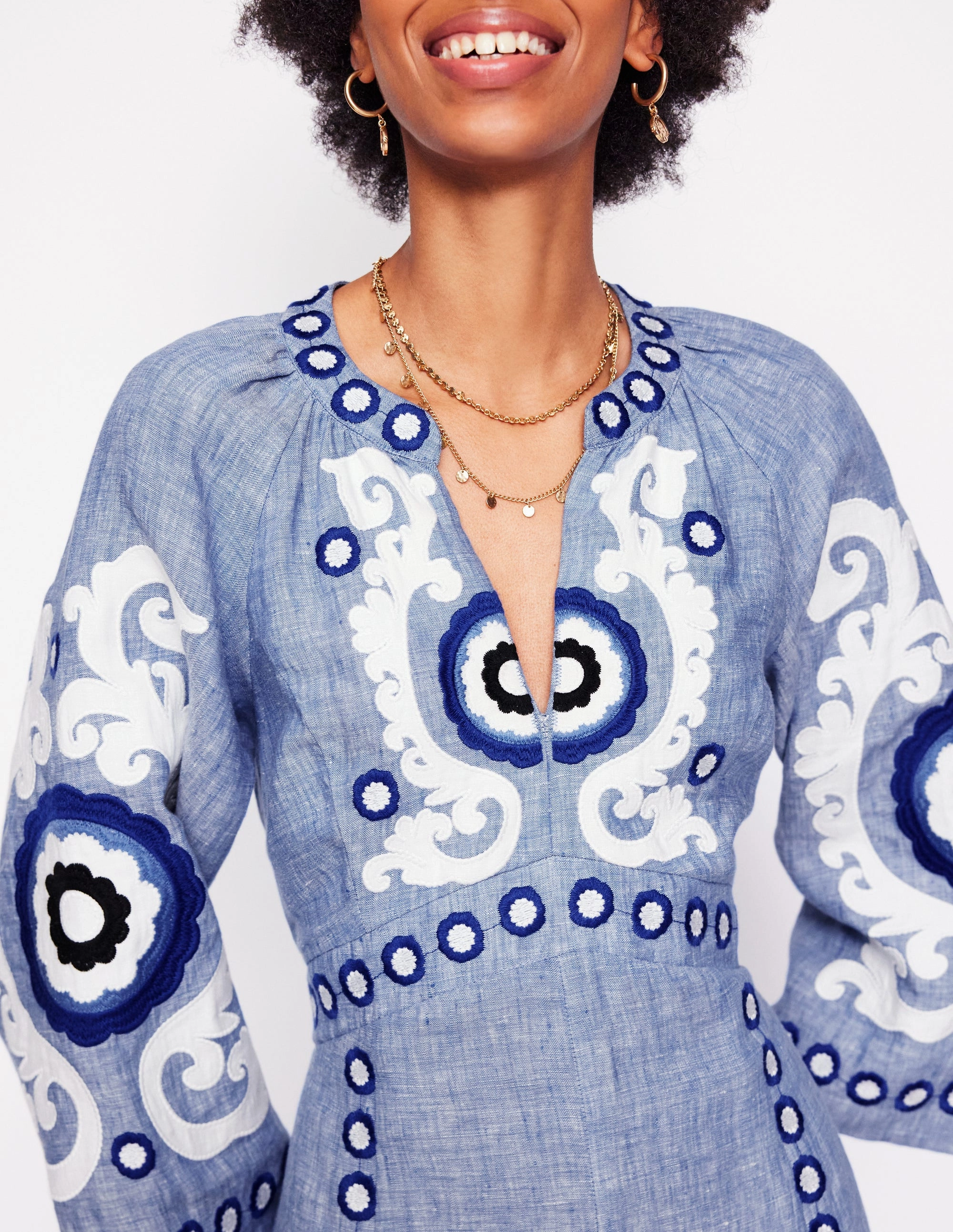 Beachwear Vacation Outfit Una Linen Embroidered Dress-Chambray