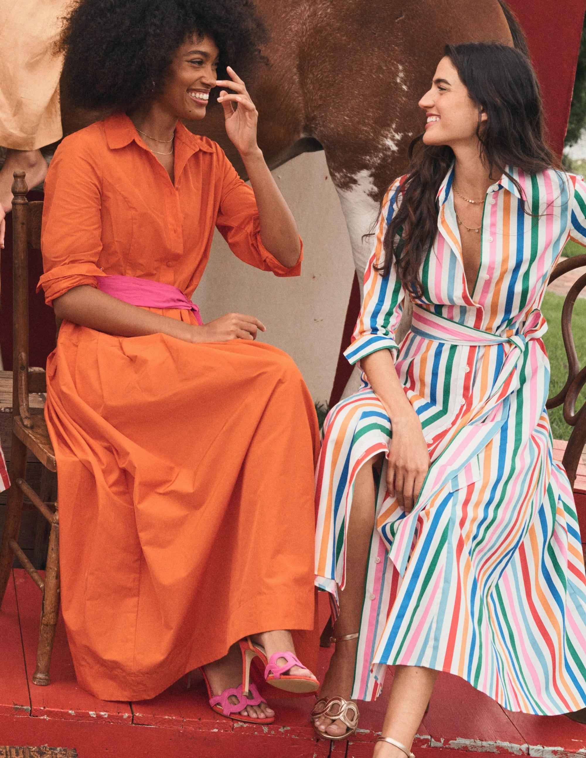 Drawstring-Waist Amy Cotton Midi Shirt Dress-Mauve, Strawberry Tart Rainbow