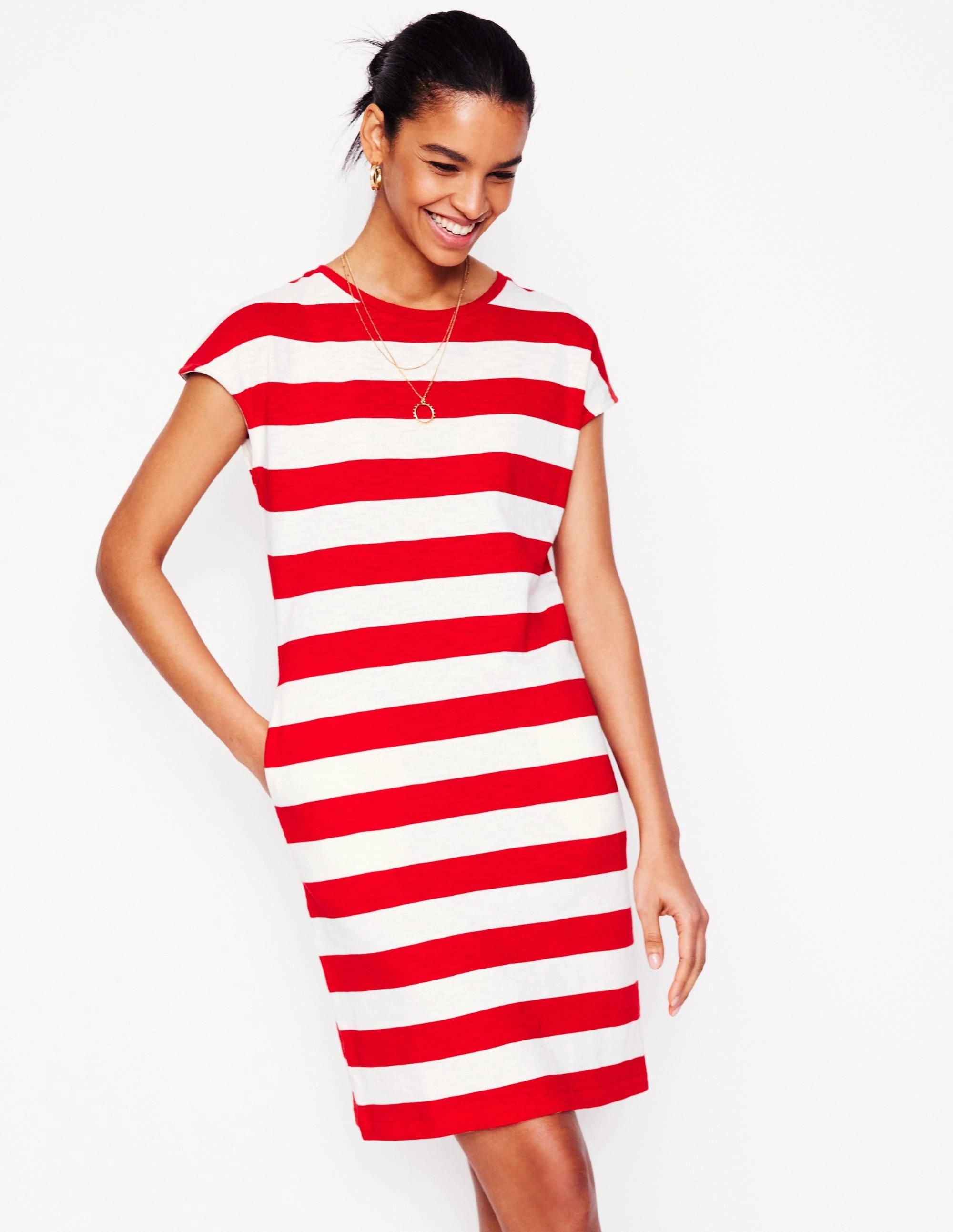 Leah Jersey T-shirt Dress-Poppy Red, White Stripe Harmonious Layers