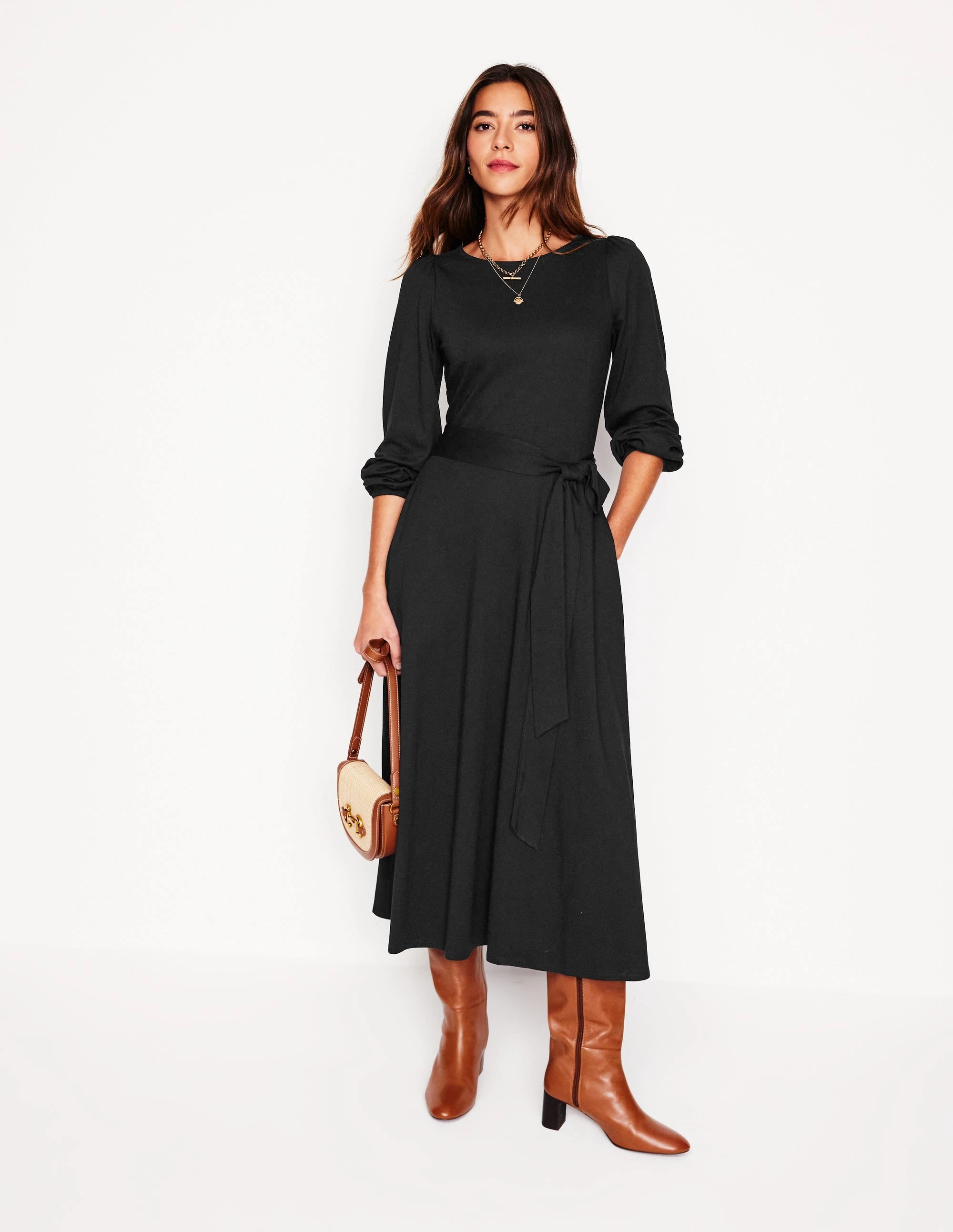 Leandra Jersey Midi Dress-Black Satin Layers