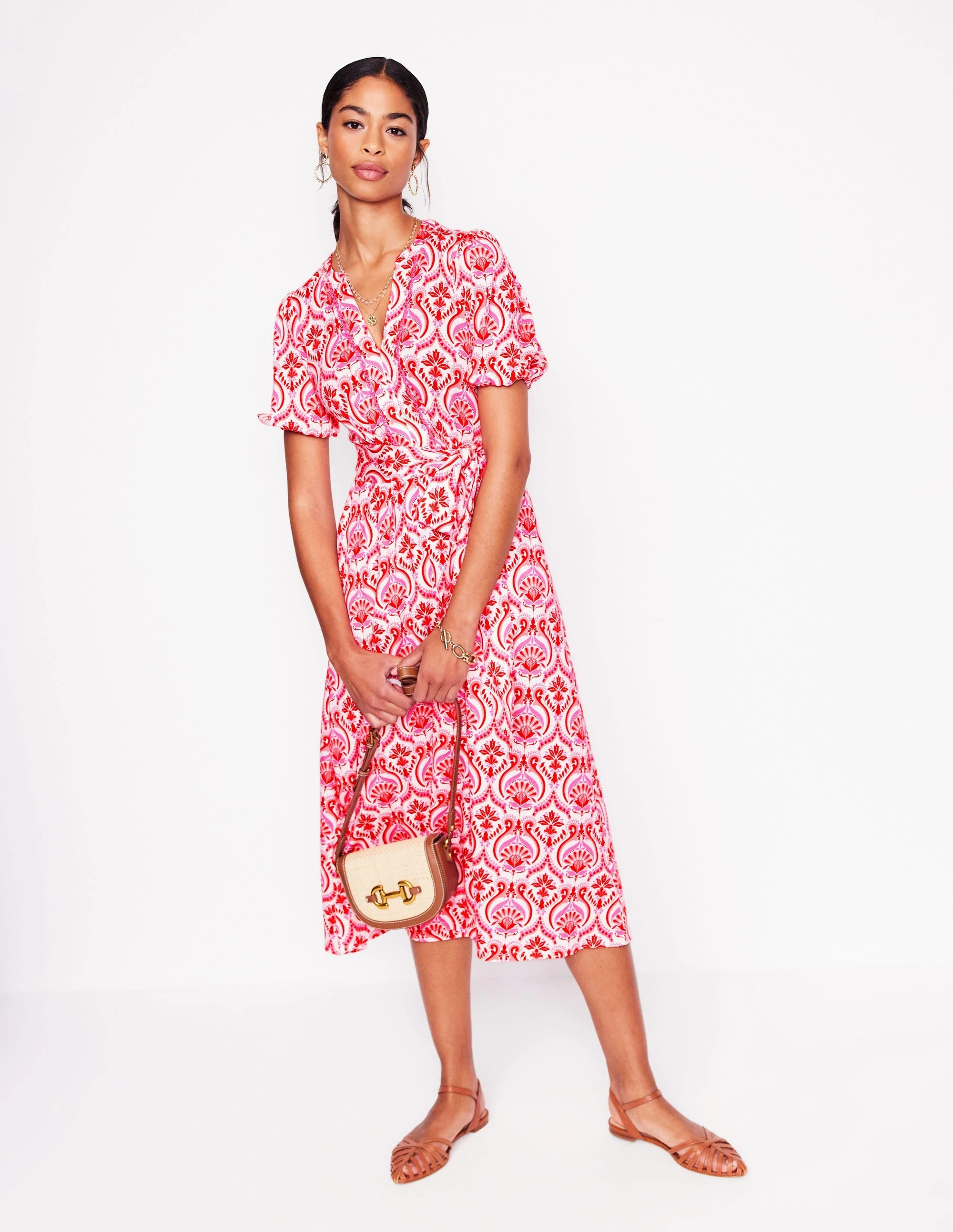 Sofia Trim Jersey Midi Dress-Poppy Red, Ornamental Floral Stylish Appeal