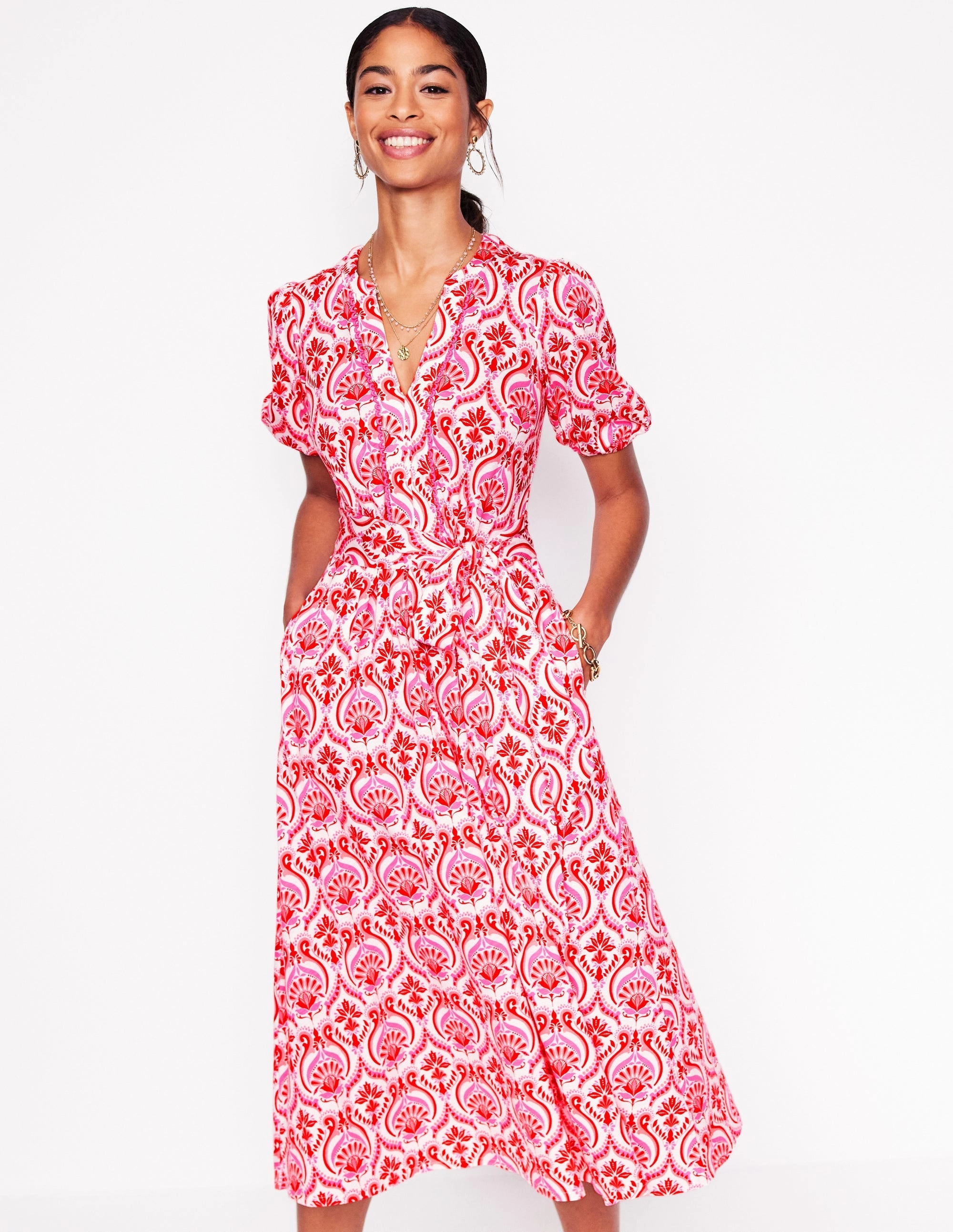 Sofia Trim Jersey Midi Dress-Poppy Red, Ornamental Floral Smile Soft Light Cloud