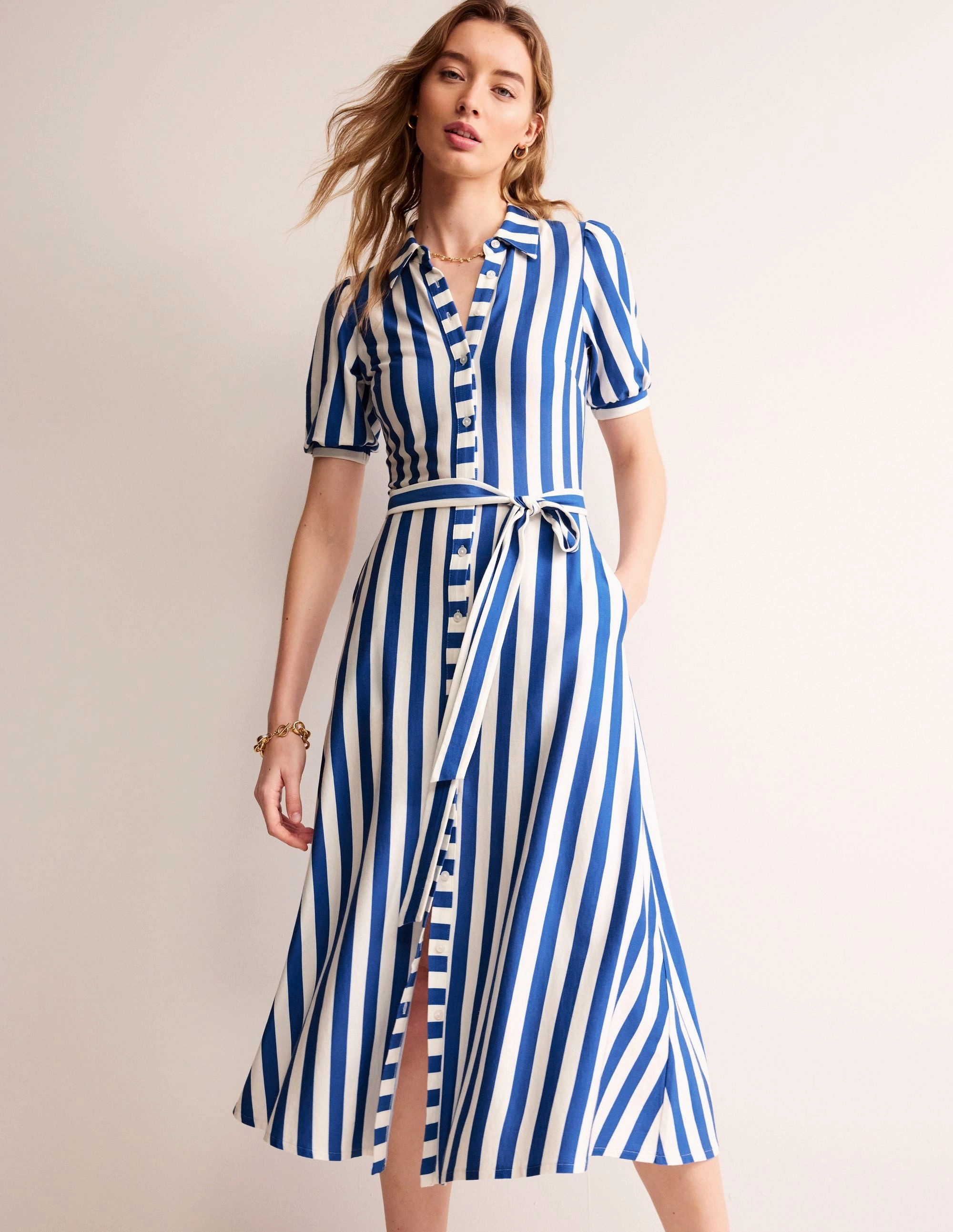 Libby Jersey Midi Shirt Dress-Blue, Ivory Stripe Smart Silhouette Natural Feel