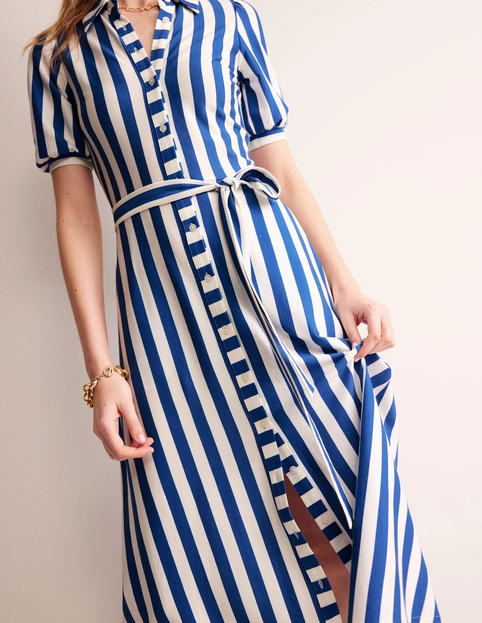 Sheer Look Minimalist-Style Libby Jersey Midi Shirt Dress-Blue, Ivory Stripe