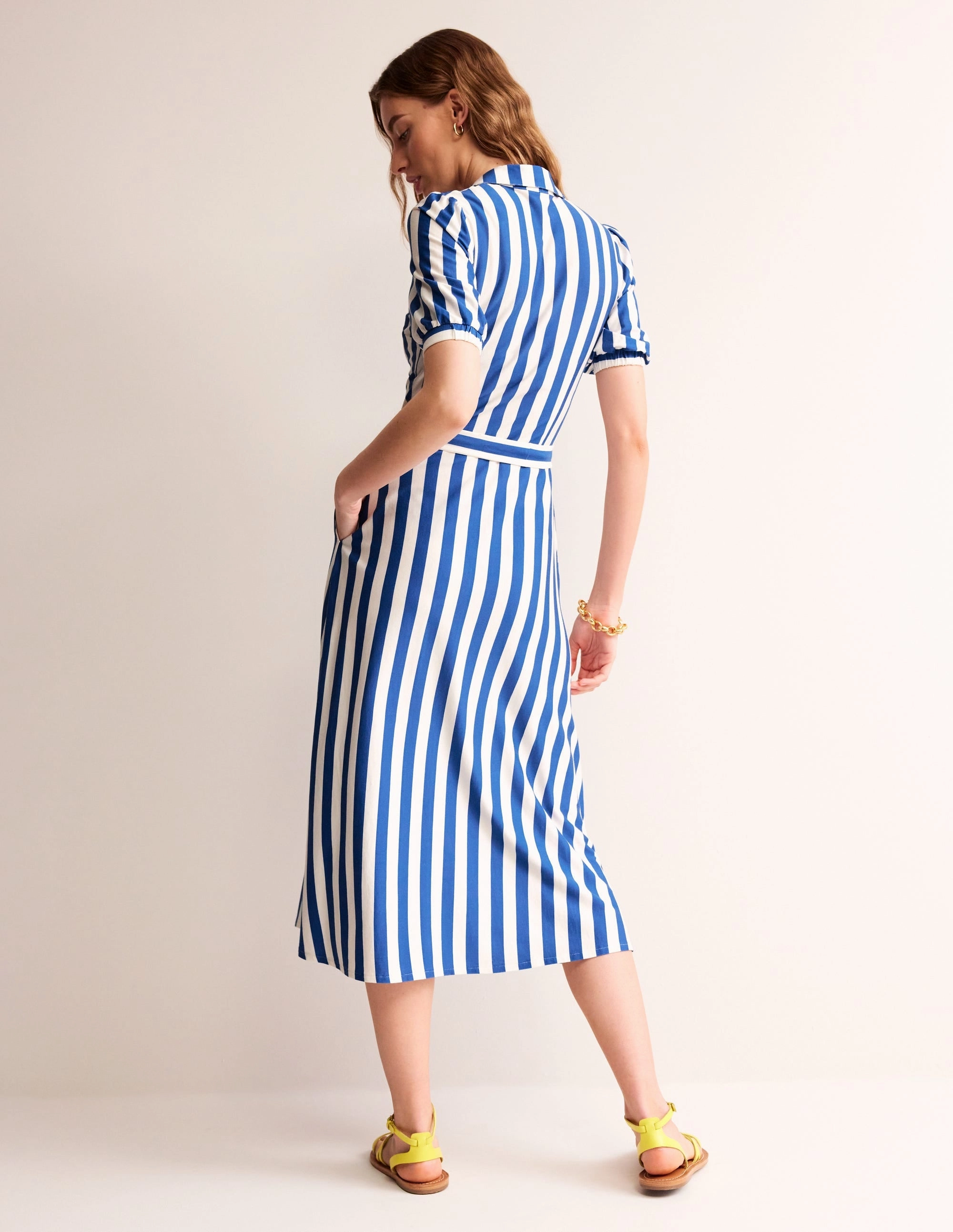 Libby Jersey Midi Shirt Dress-Blue, Ivory Stripe Fit Vibe