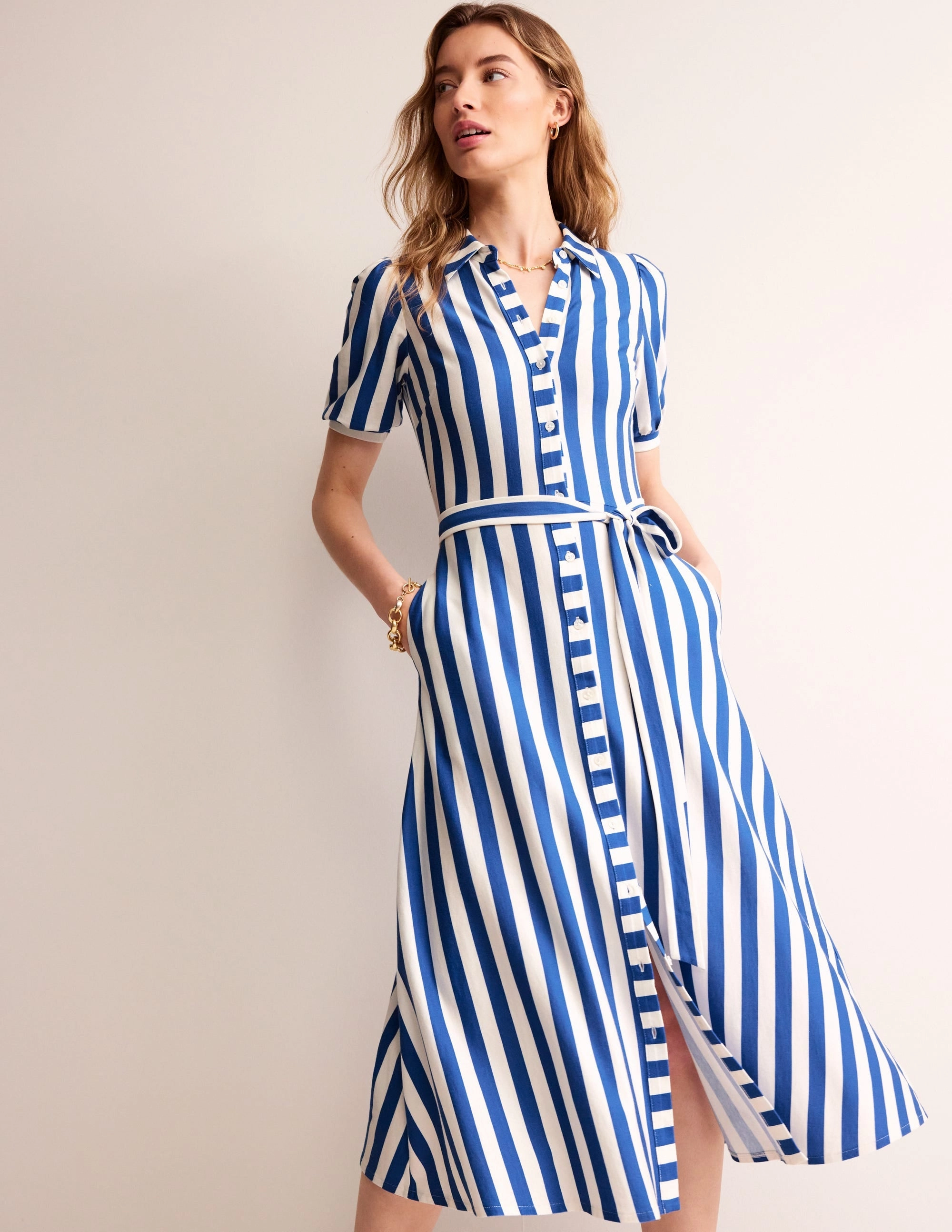 Flattering Shape Wear Cool Palette Libby Jersey Midi Shirt Dress-Blue, Ivory Stripe