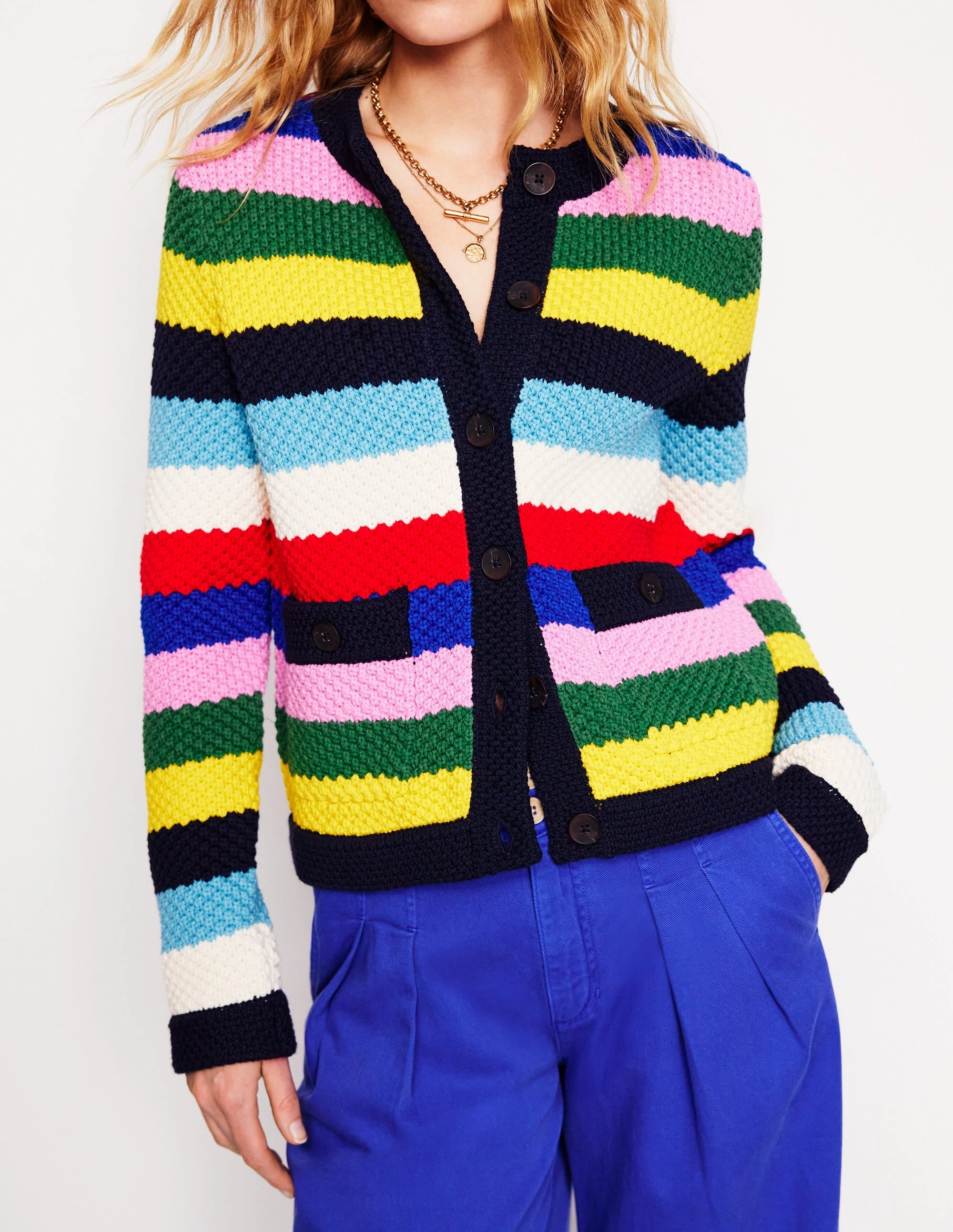 Libby Knitted Jacket-Poppy Red, Blue Multi Minimalist Aesthetic