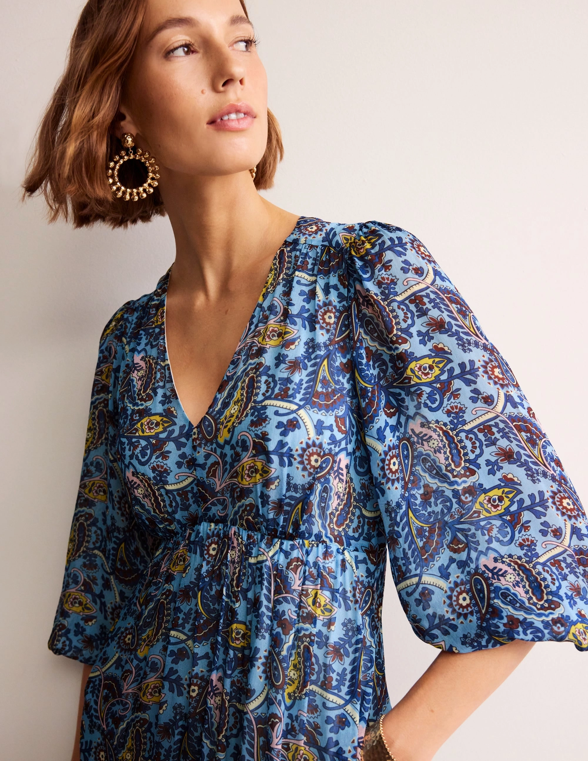 V Neck Puff Maxi Dress-Air Blue, Fantastical Small Lace Ease Lounge Vibes