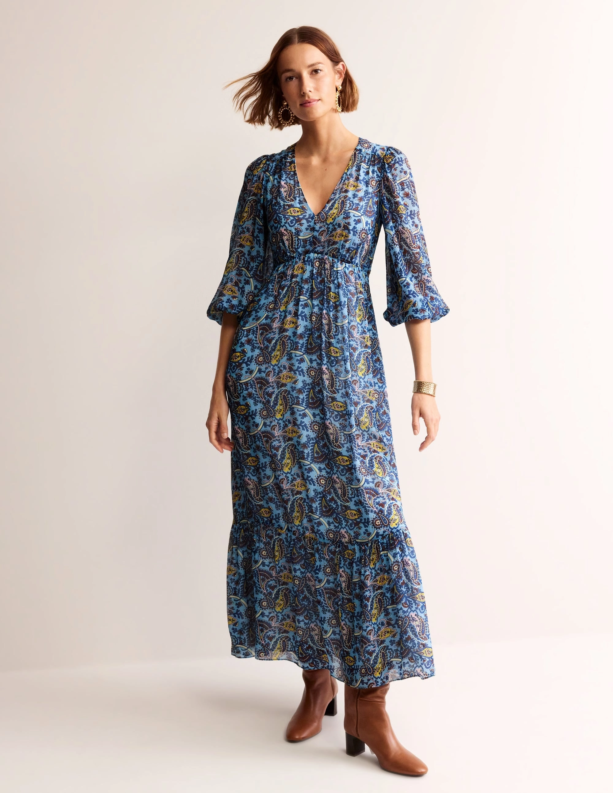 V Neck Puff Maxi Dress-Air Blue, Fantastical Small LowProfileZipper Airy Silk