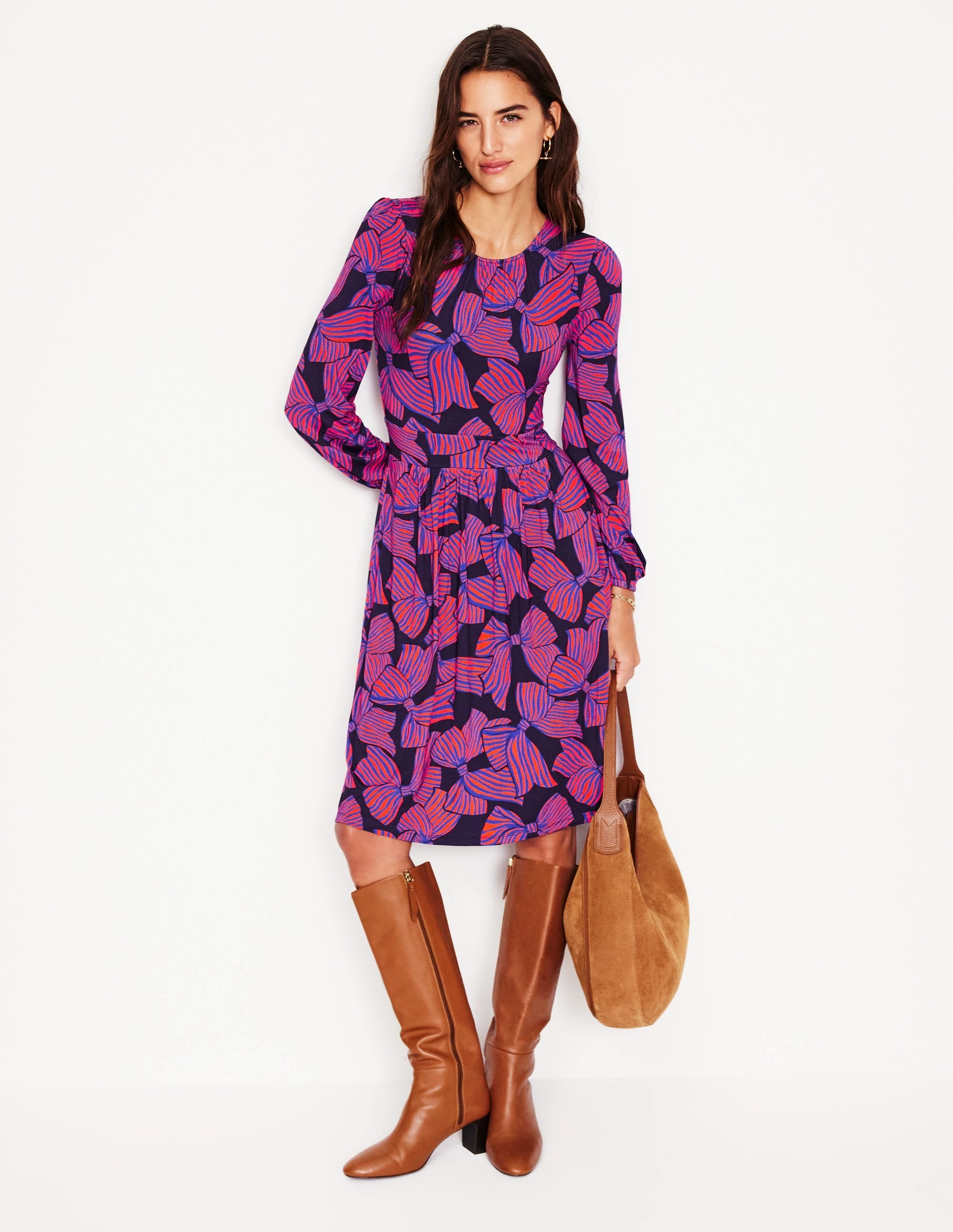 Alexandra Blouson Jersey Dress-French Navy, Bow Scatter Designer-Label Sunny Lace