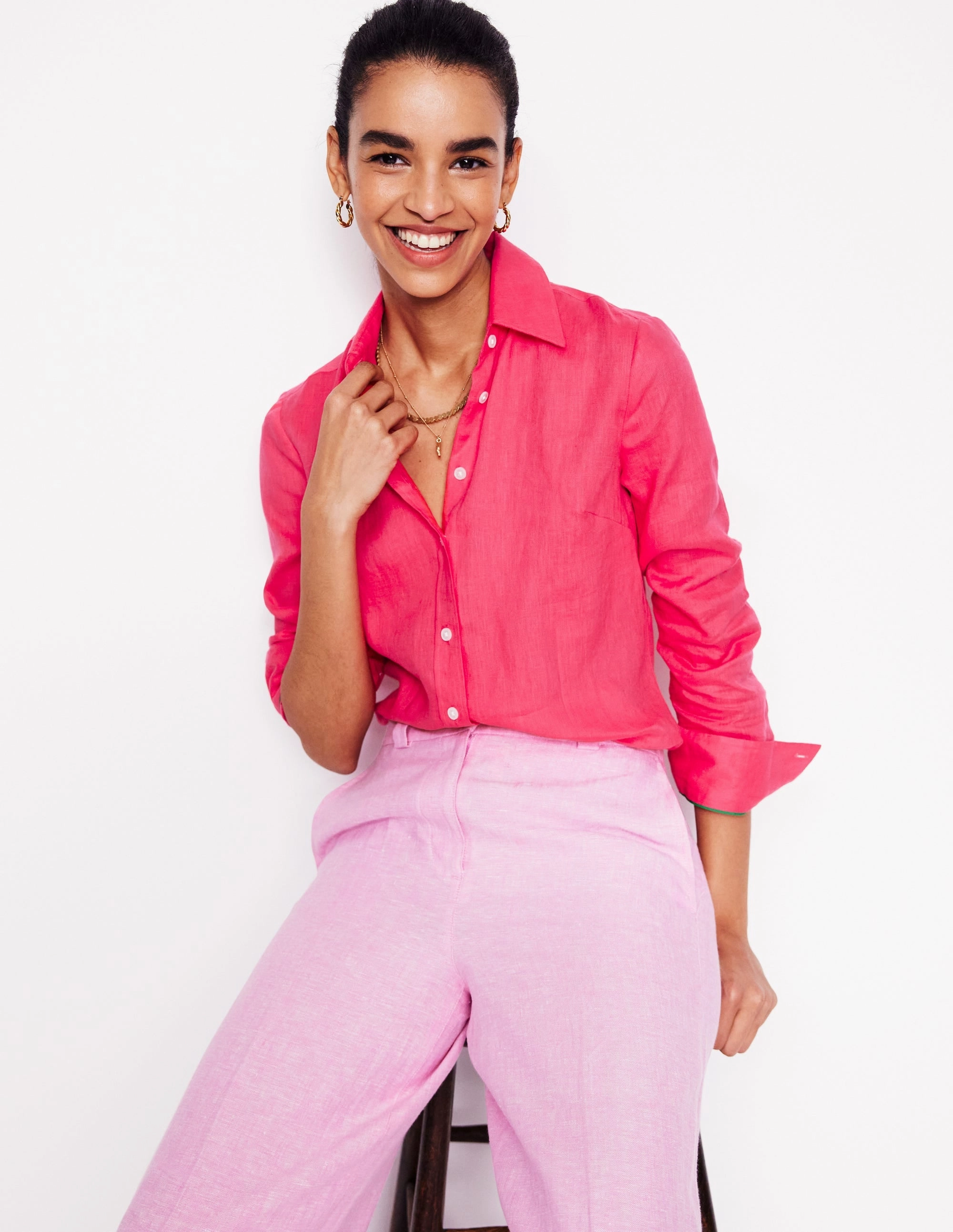 Cool and Chic Sienna Linen Shirt-Camelia Pink