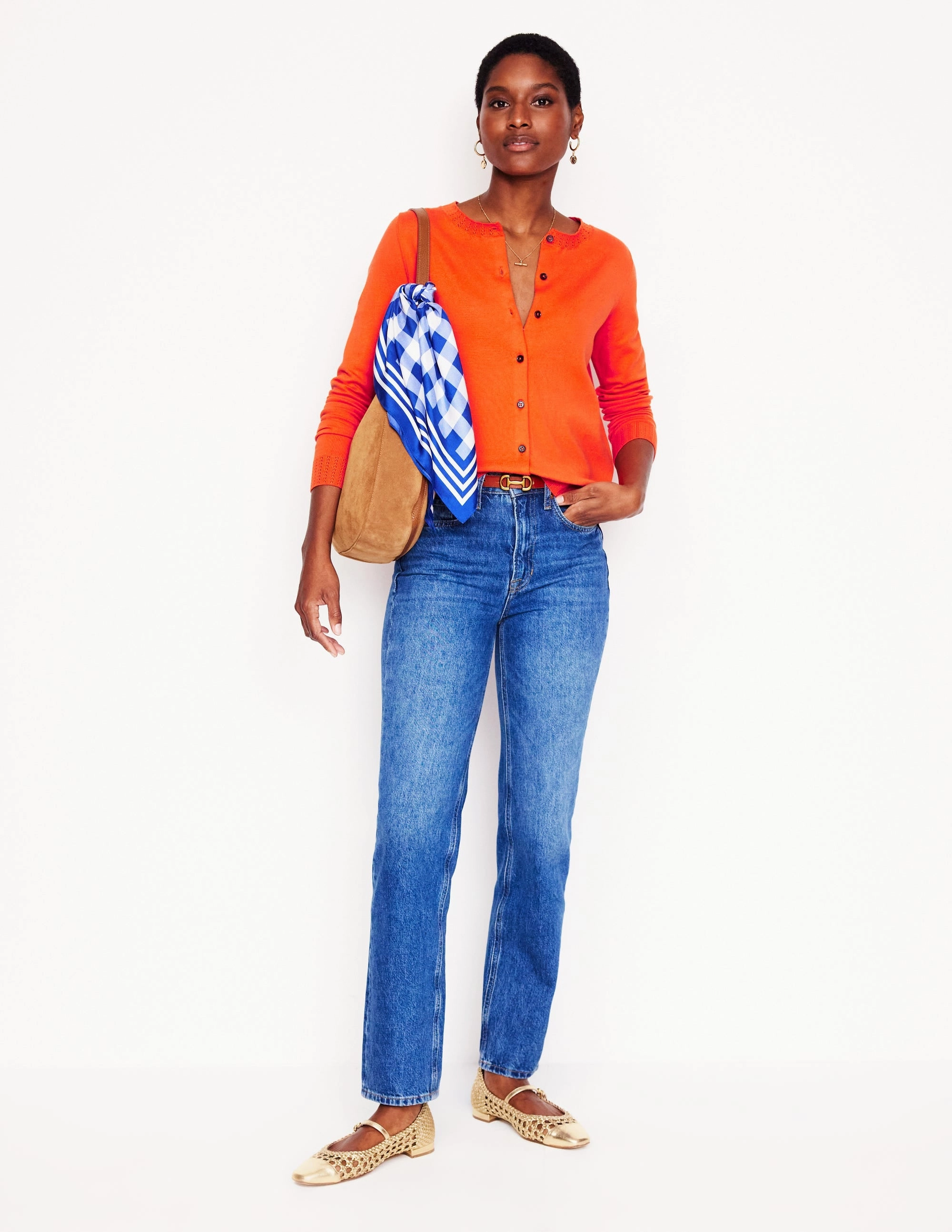 OdorResistant Fabric Smart Look Emilia Cotton Crew Cardigan-Mandarin Orange