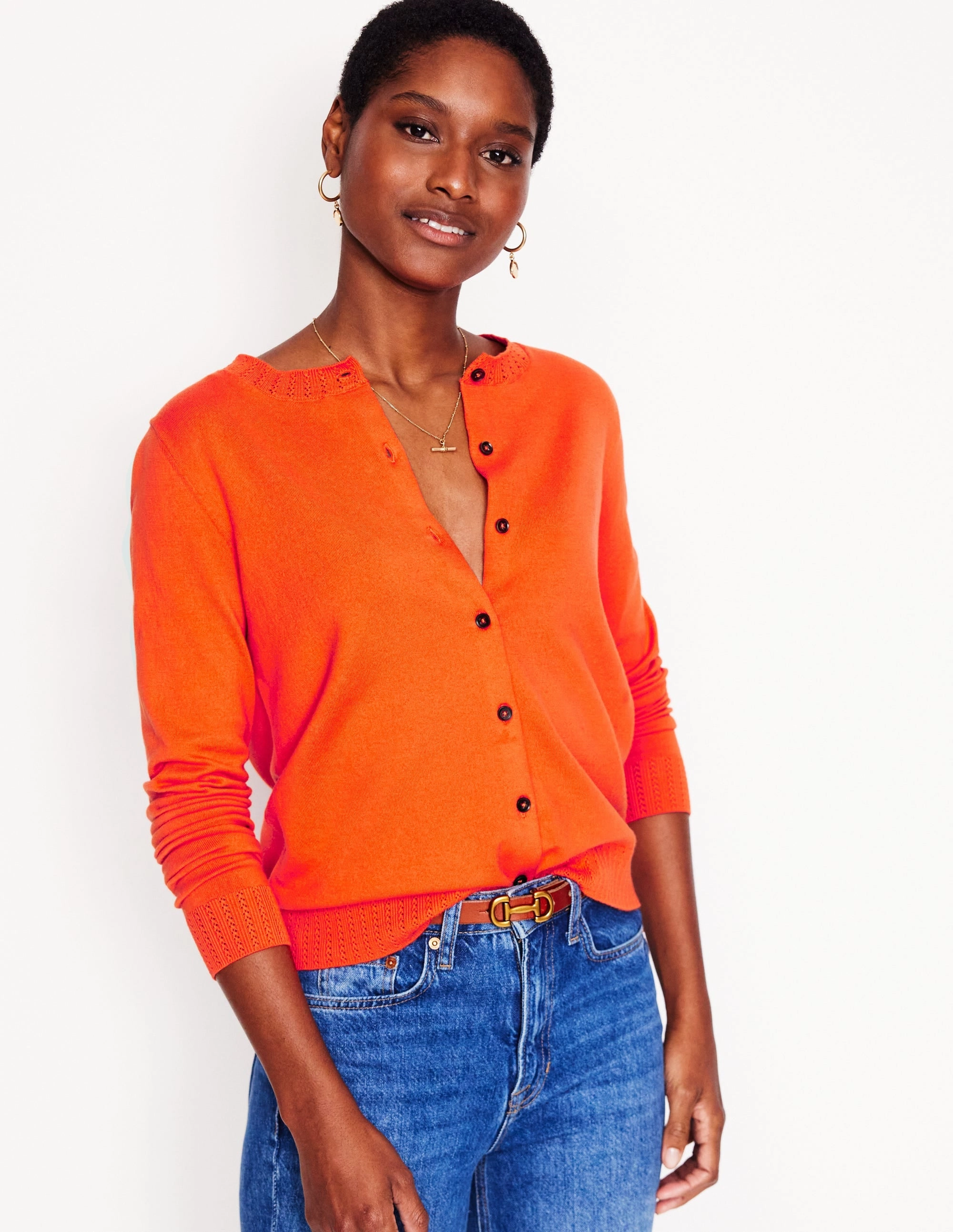 Emilia Cotton Crew Cardigan-Mandarin Orange OdorResistant Fabric