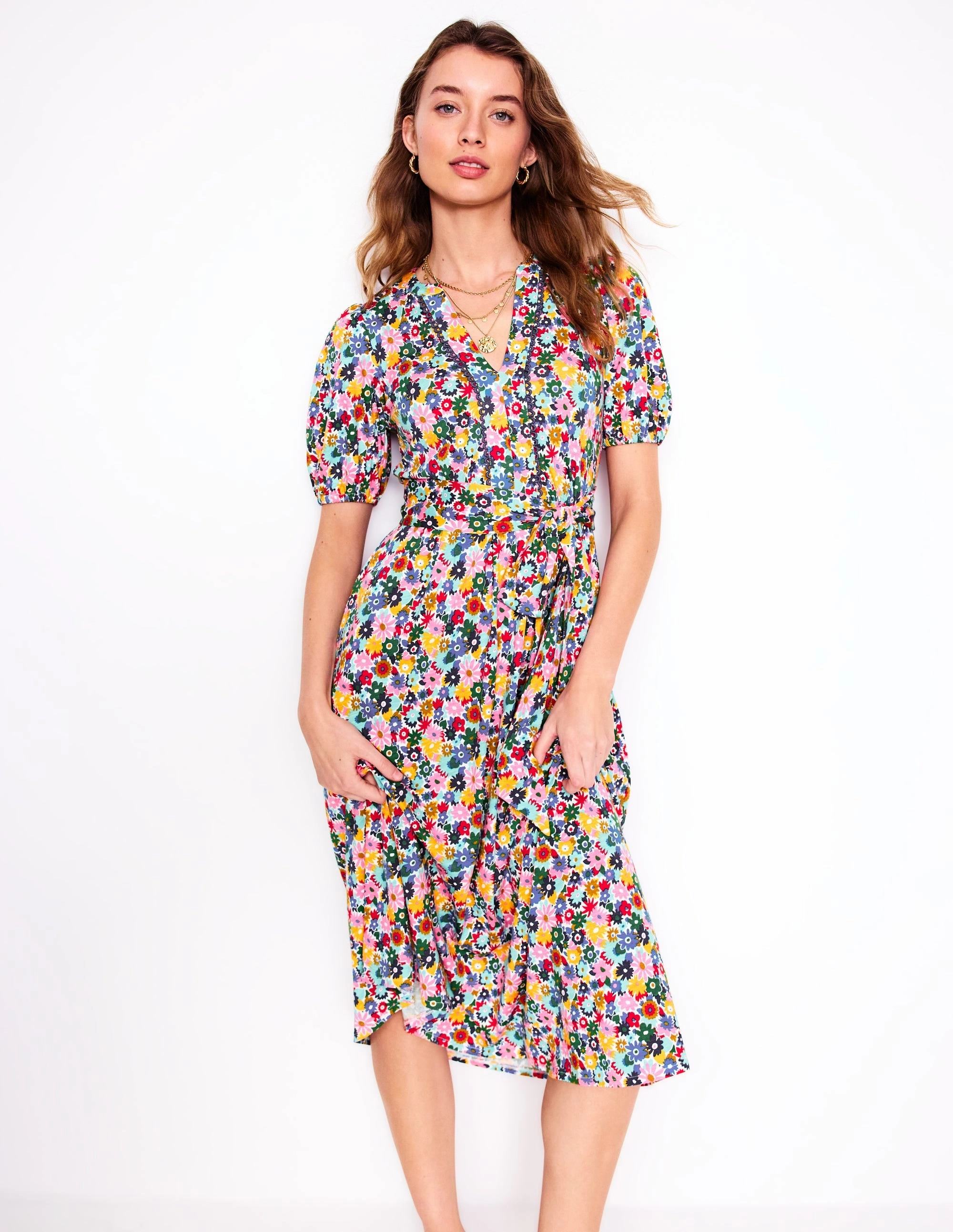 Sofia Trim Jersey Midi Dress-Multi, Paintbox Ditsy Classic Comfort Bohemian style