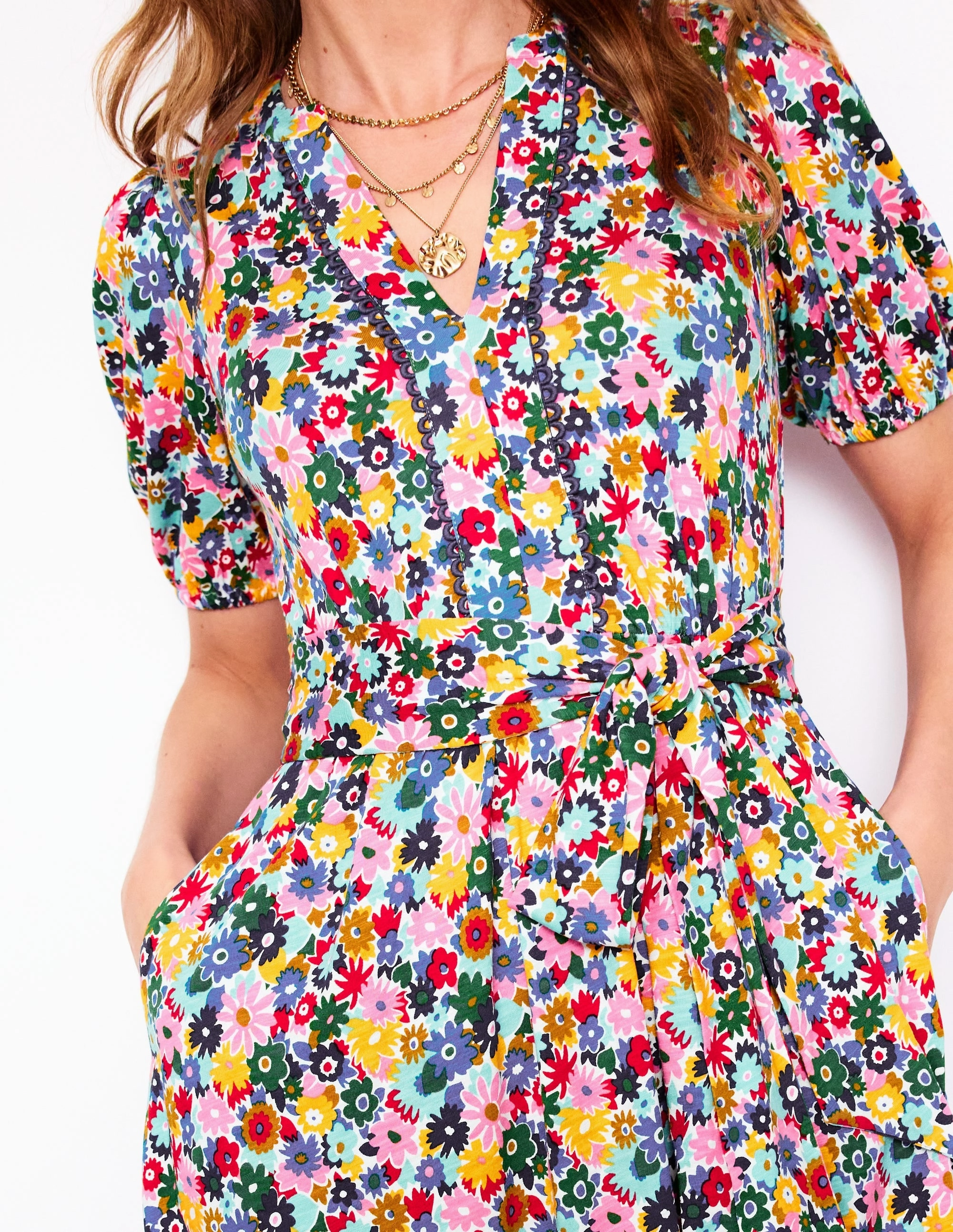 Timeless Beauty Sofia Trim Jersey Midi Dress-Multi, Paintbox Ditsy