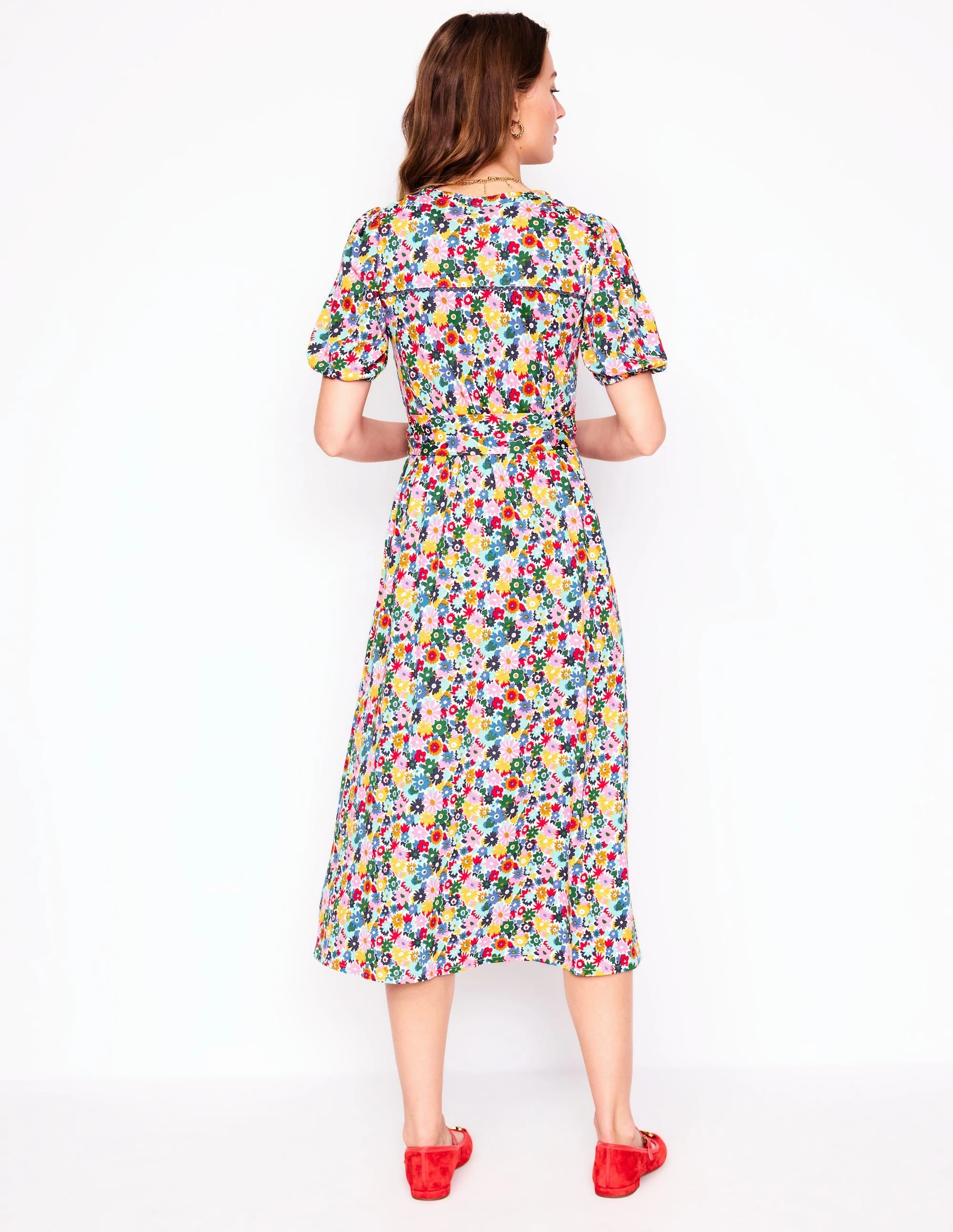 Sofia Trim Jersey Midi Dress-Multi, Paintbox Ditsy Soft cotton dress