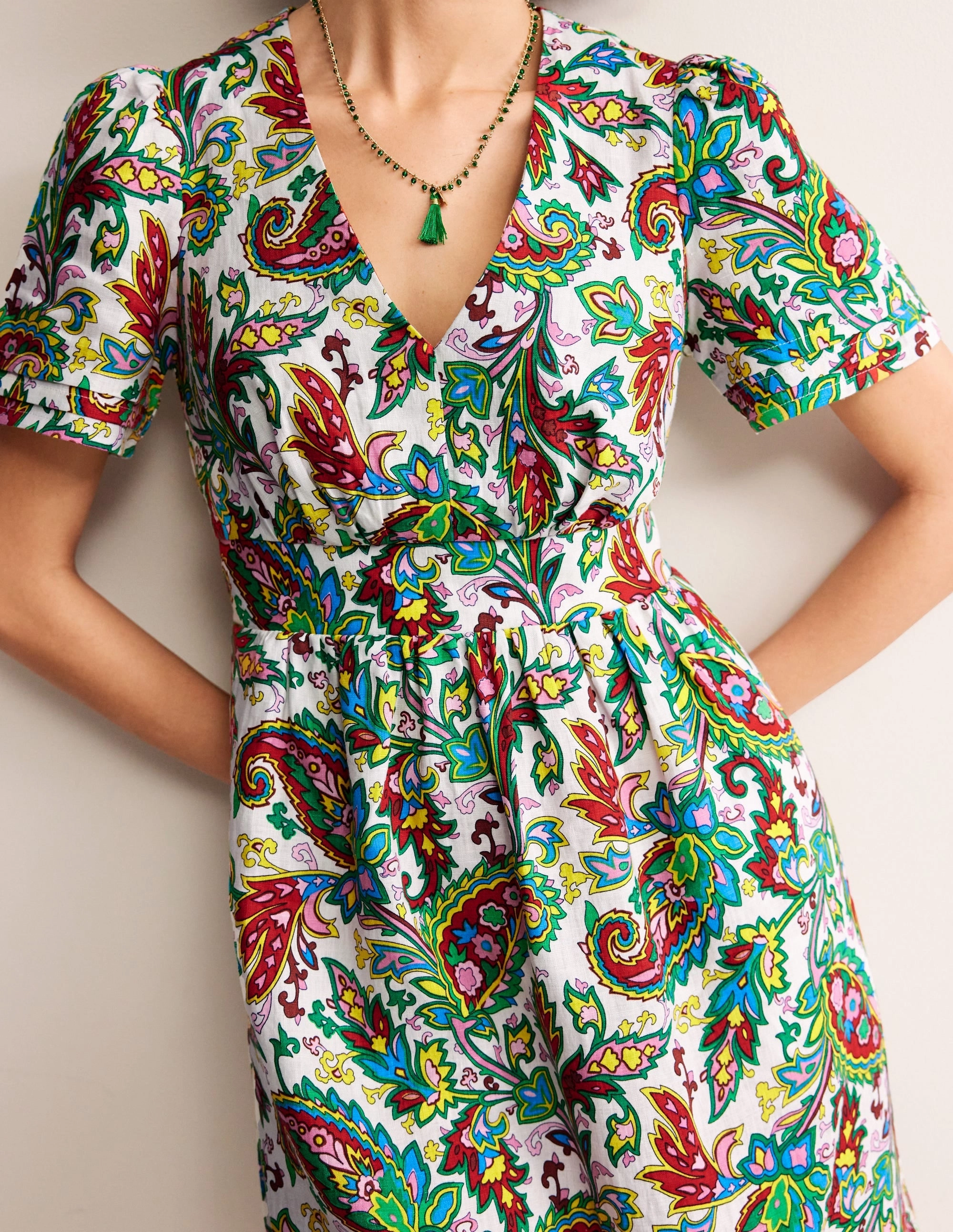 Crinkle Effect Eve Linen Short Dress-Ivory, Paisley Azure