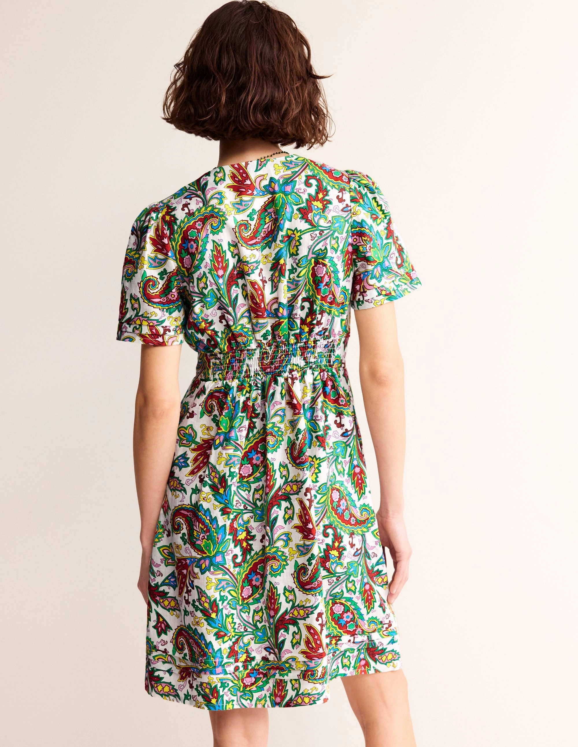 Airy Base Eve Linen Short Dress-Ivory, Paisley Azure