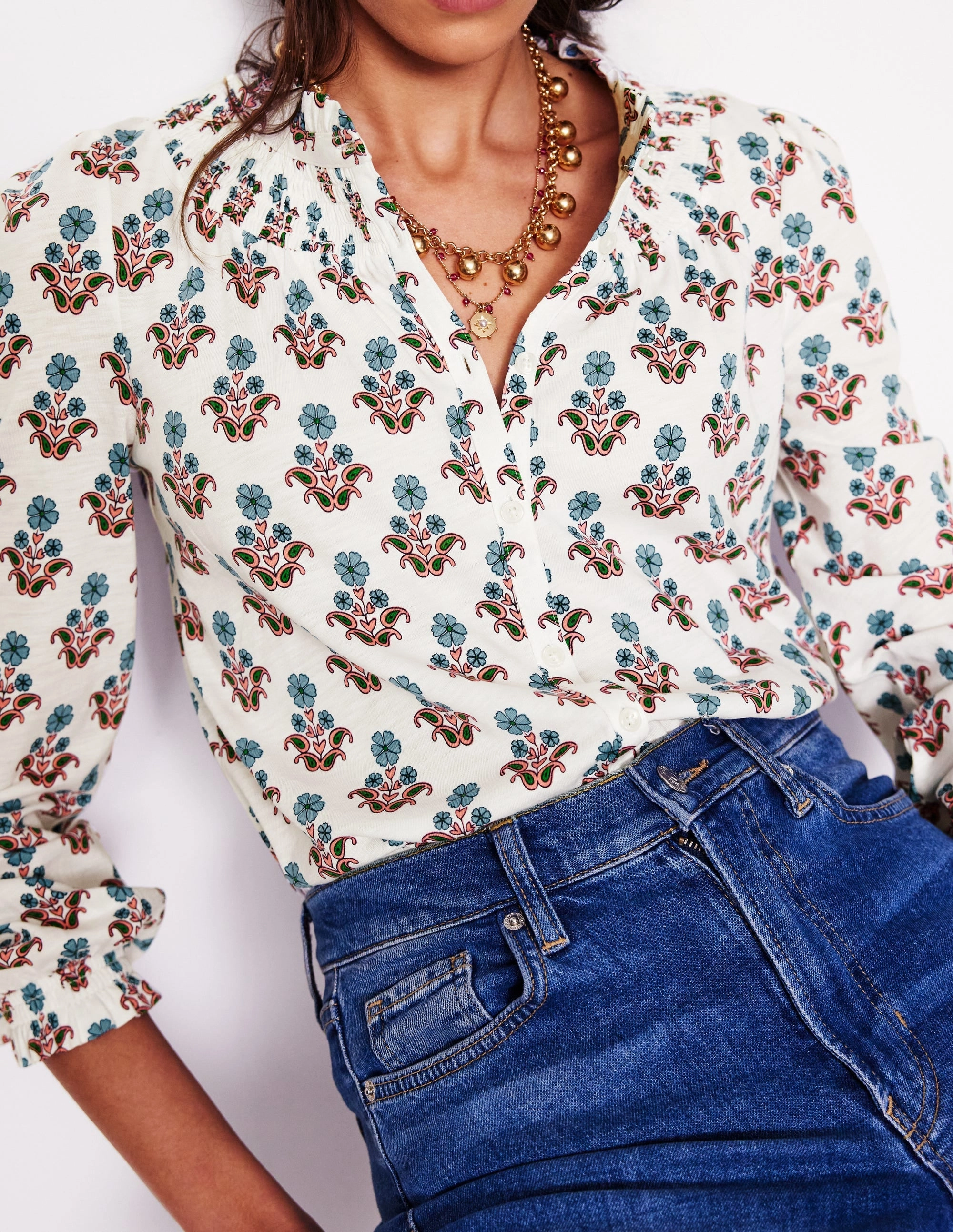 Fay Smocked Jersey Shirt-Ivory Pansy Stamp Unisex style Casual Layer Wear