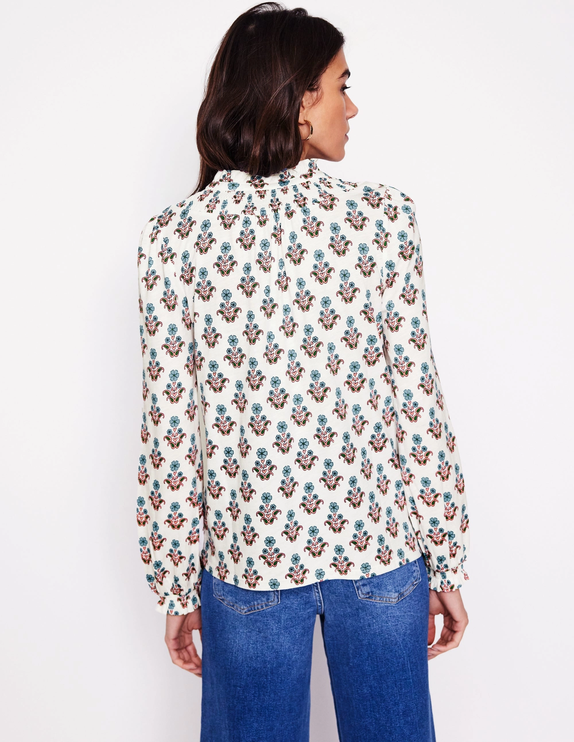 Fay Smocked Jersey Shirt-Ivory Pansy Stamp Glossy Look Minimal Layers