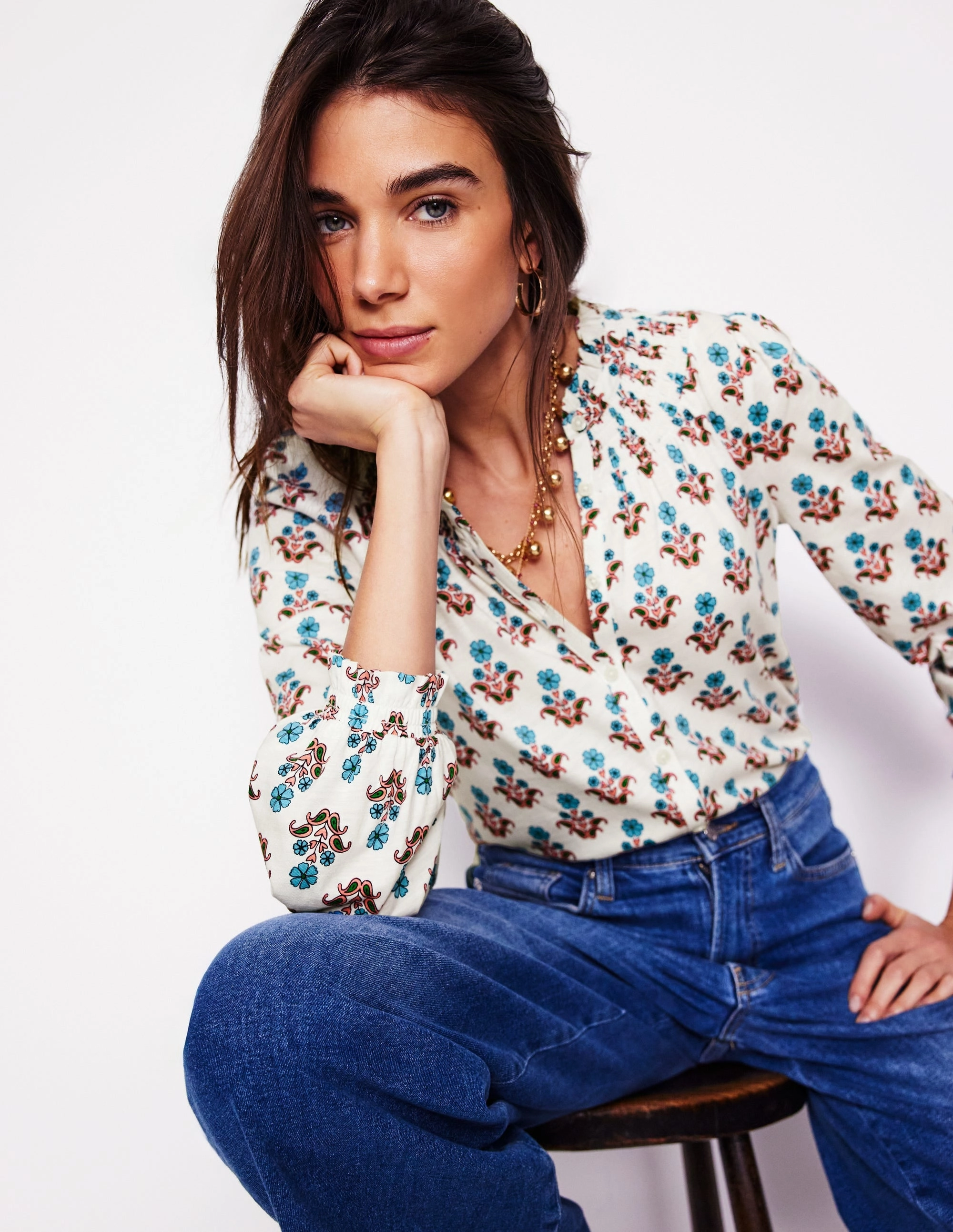 Fay Smocked Jersey Shirt-Ivory Pansy Stamp Comfy Fit Layer Everyday Style Trend