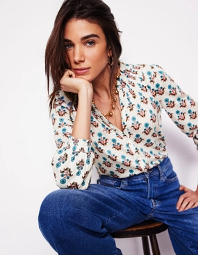 Fay Smocked Jersey Shirt-Ivory Pansy Stamp Comfy Fit Layer Everyday Style Trend