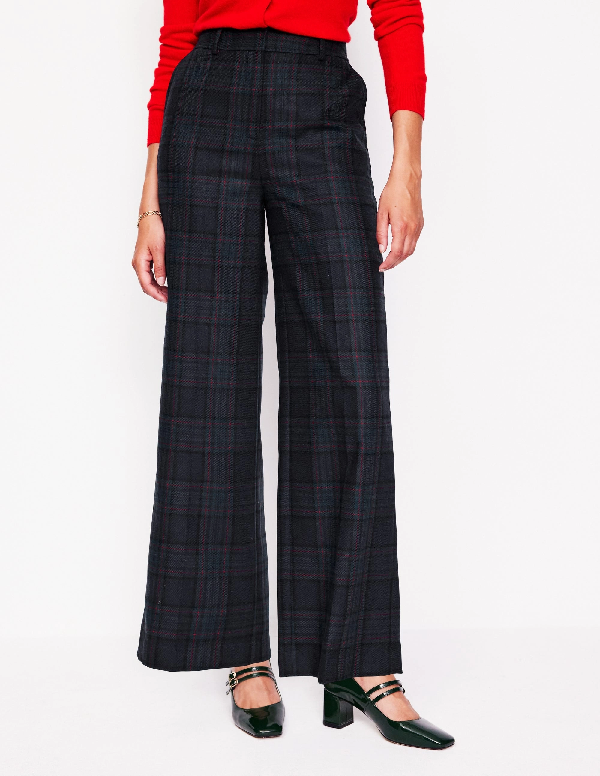 Layered Panel Design Westbourne Wool Blend Trousers-Navy and Green Check