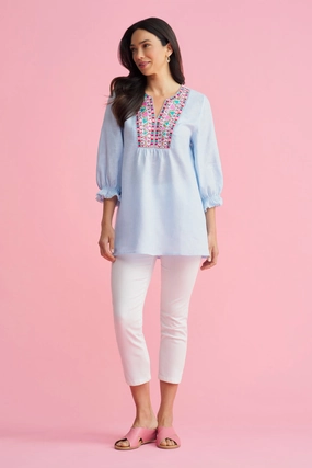 Embellished Tunic - Aqua Cross Dye Summer Polo Reinforced Neckline Detail