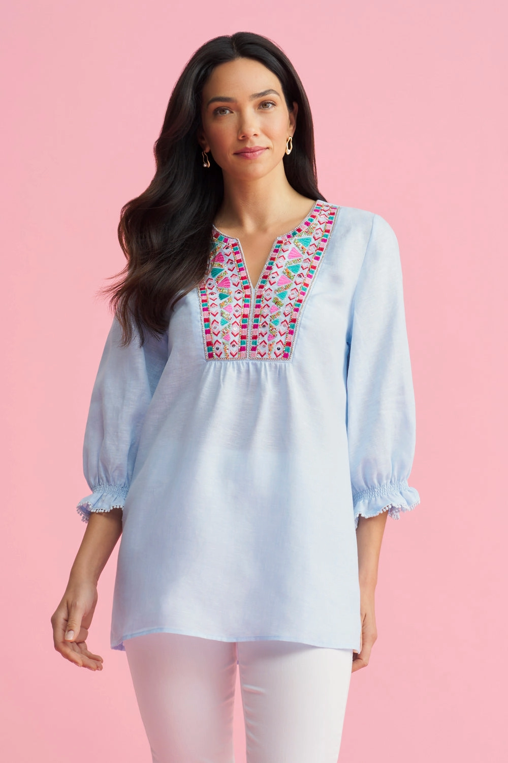 Embellished Tunic - Aqua Cross Dye Outdoor Apparel NonPill Surface Treatment