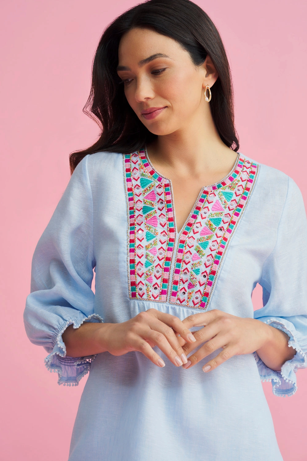 Embellished Tunic - Aqua Cross Dye Bound Seam Finish