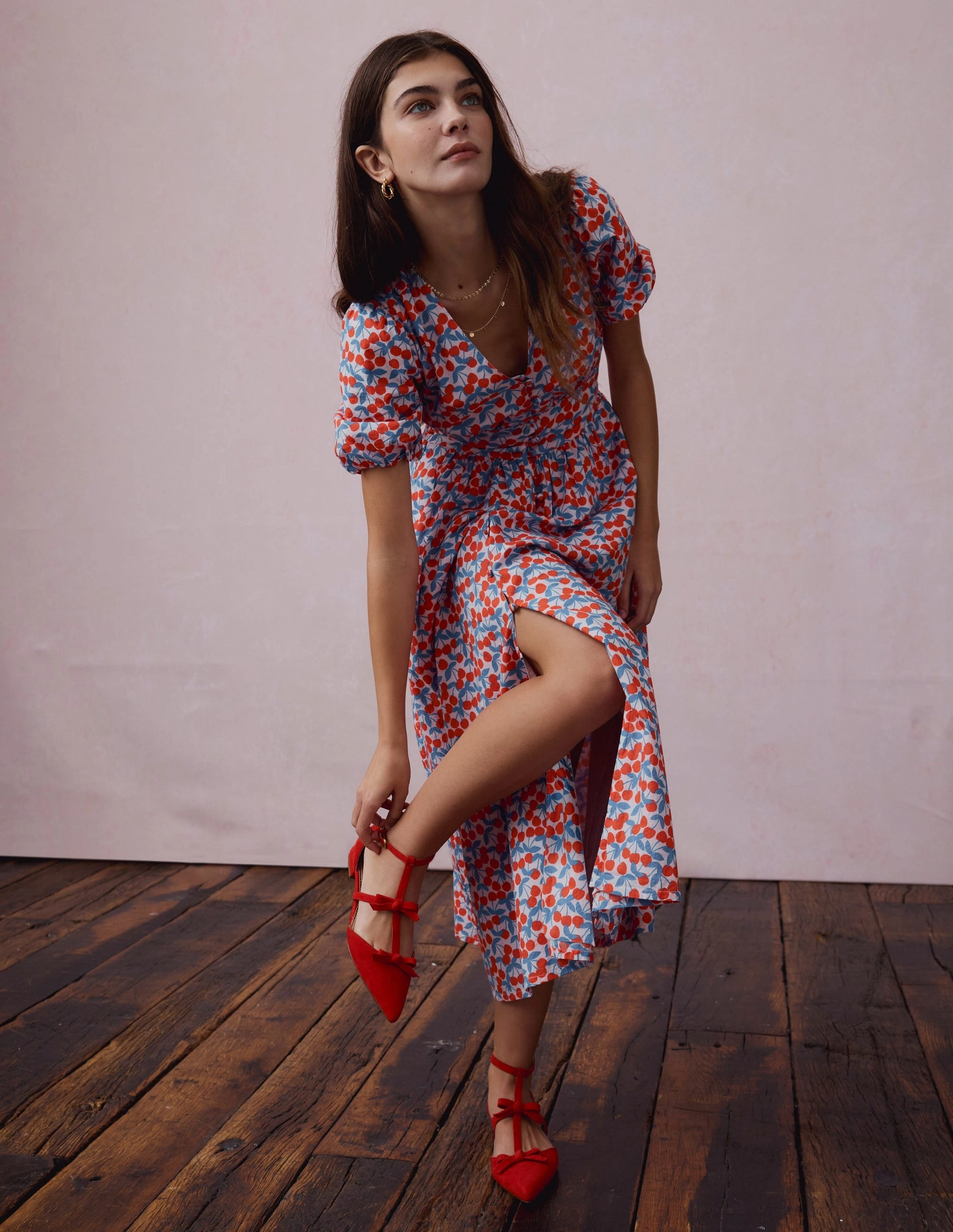 Classic wrap dress Outdoor Scene Lillian Cotton Midi Dress-Chalk Pink, Cherry Cascade