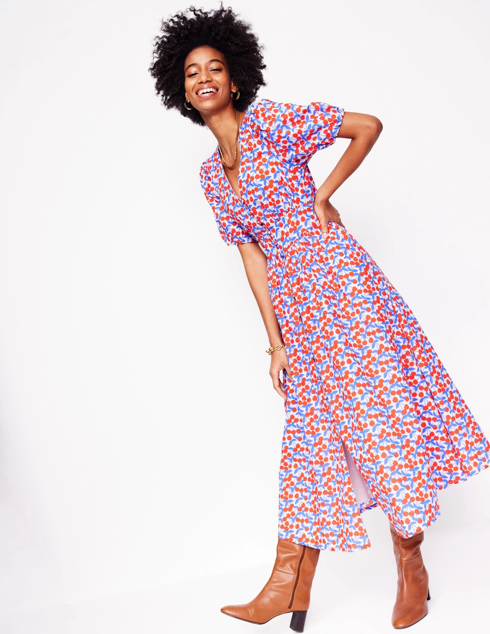 Lillian Cotton Midi Dress-Chalk Pink, Cherry Cascade Structured Fit