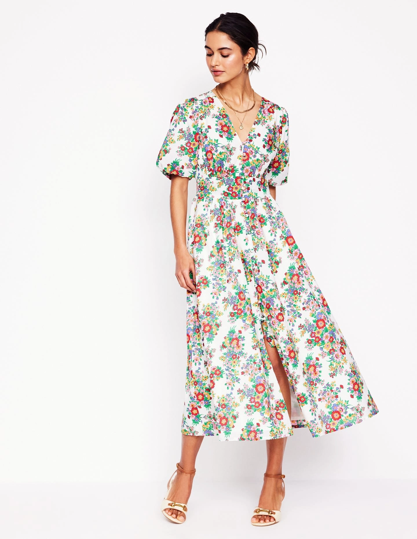 Flower Grace Mid Fit Lillian Cotton Midi Dress-Multi, Bouquet Cluster