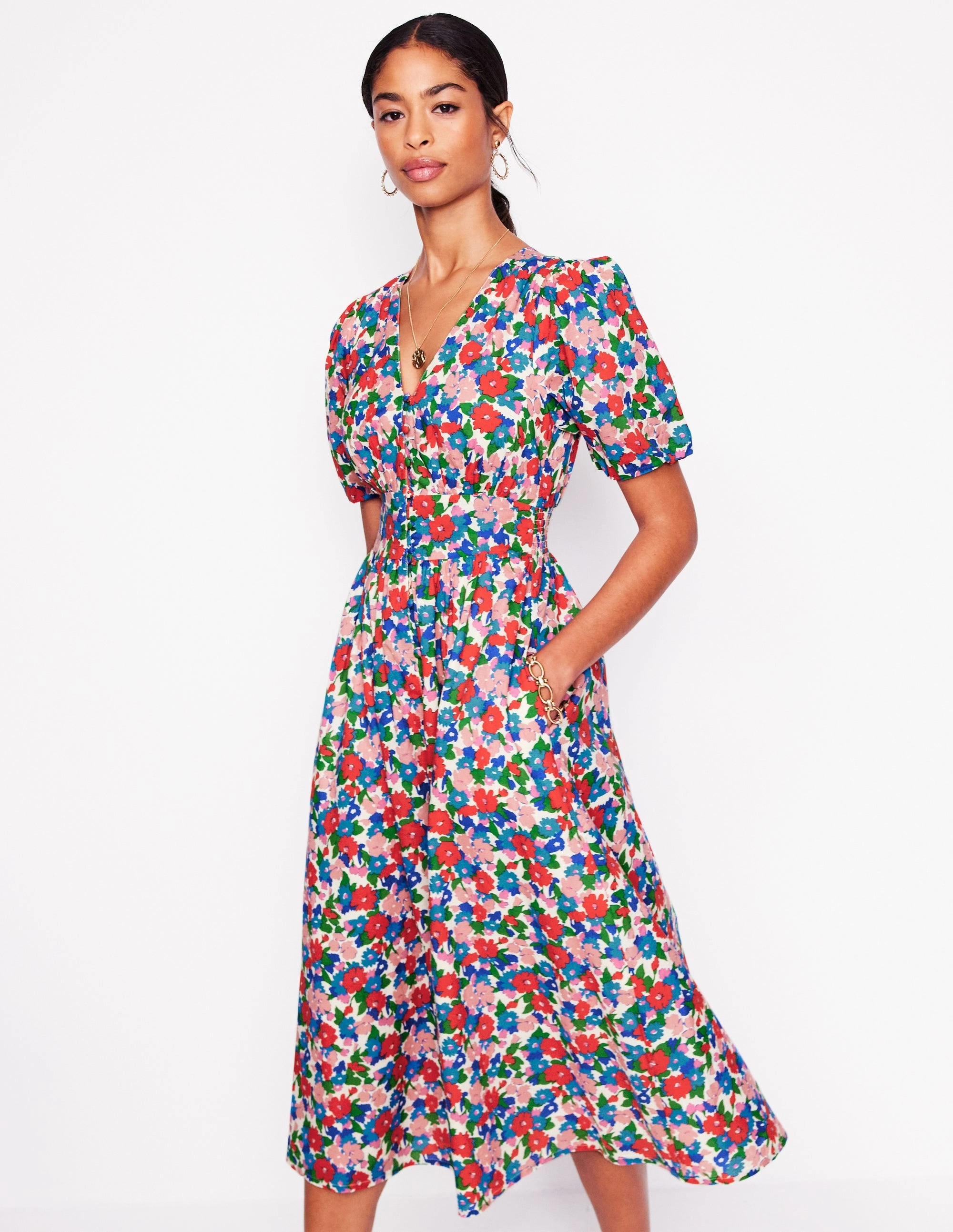 Lillian Cotton Midi Dress-Multi, Painterly Meadow Trend Smart Vibrant patterned dress