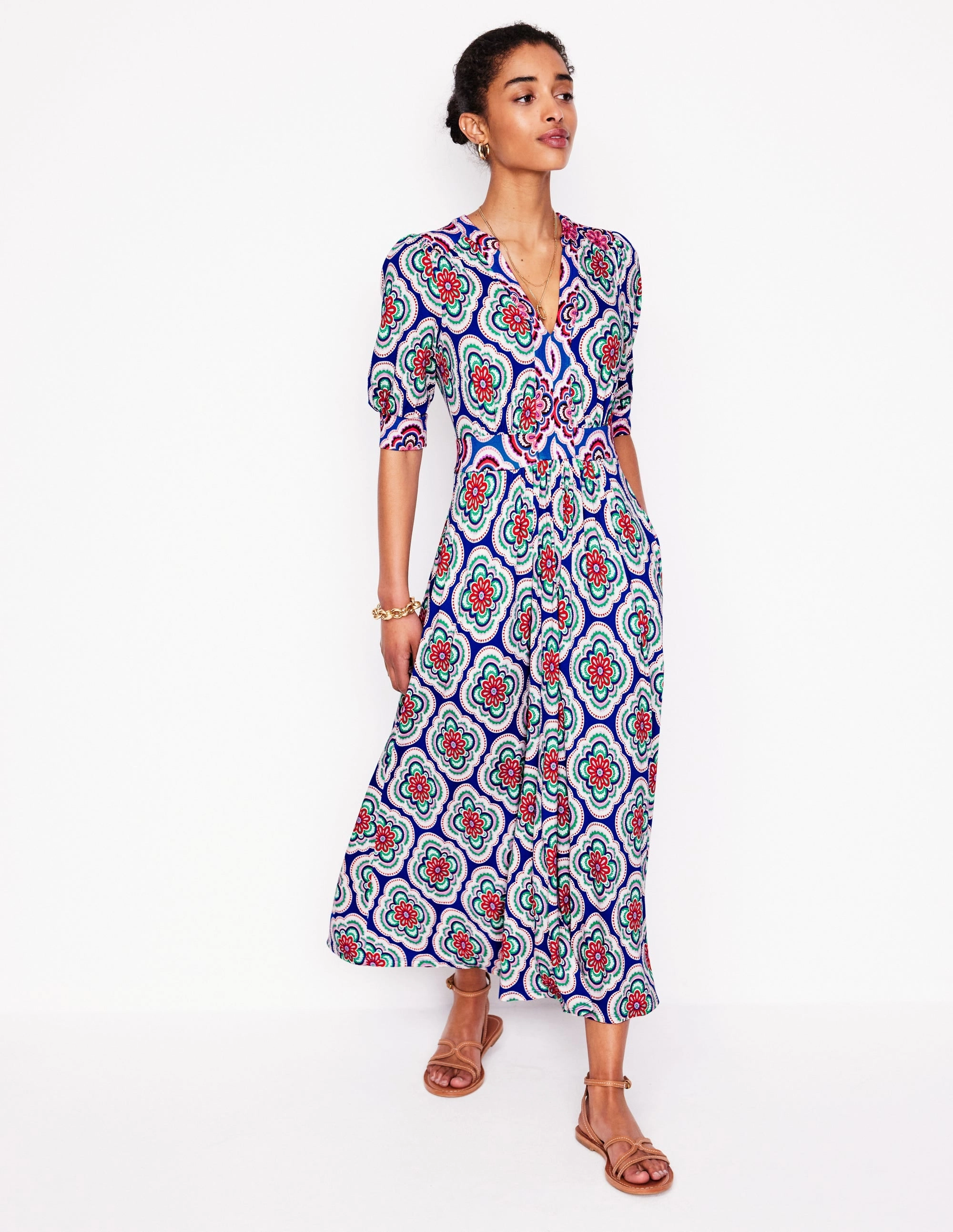 Lily Jersey Midi Tea Dress-Bright Blue, Botanic Blush Business casual Breathable Style